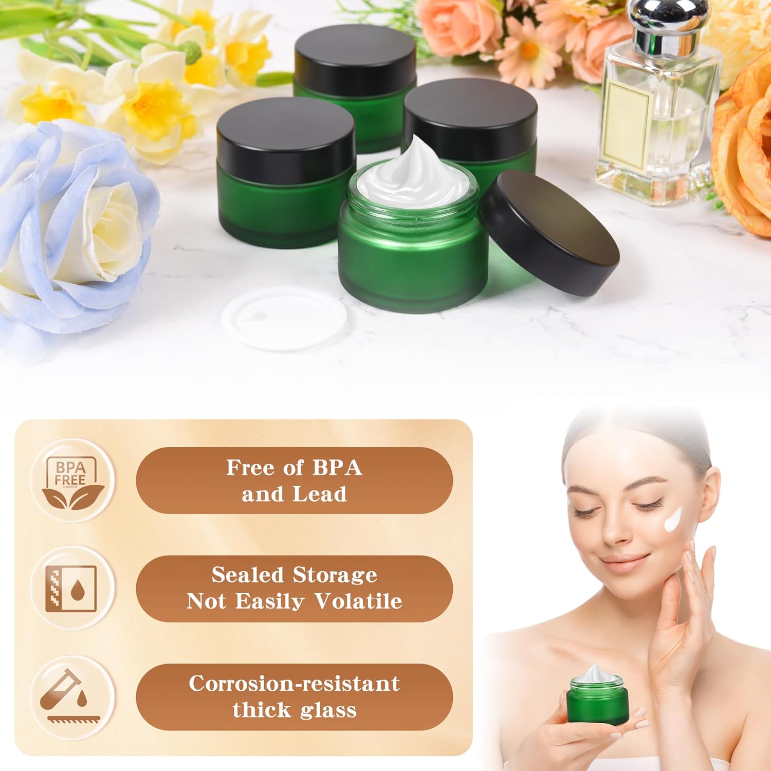 1 oz Glass Jars with Lids, Empty Cosmetic Jars, Airtight Containers with Inner Seal for Creams, Balms, Ointments, DIY Crafts, Salves (48 Pack, Green Frosted)