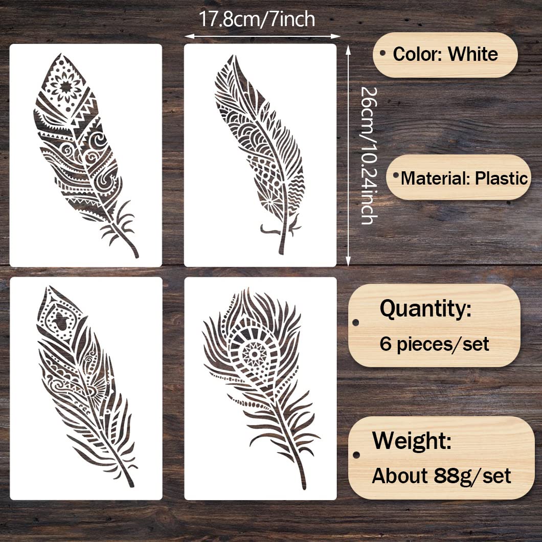 6 Pièces Pochoirs Peinture Plume En Plastique - Pochoirs Mandala Scrapbooking Réutilisables