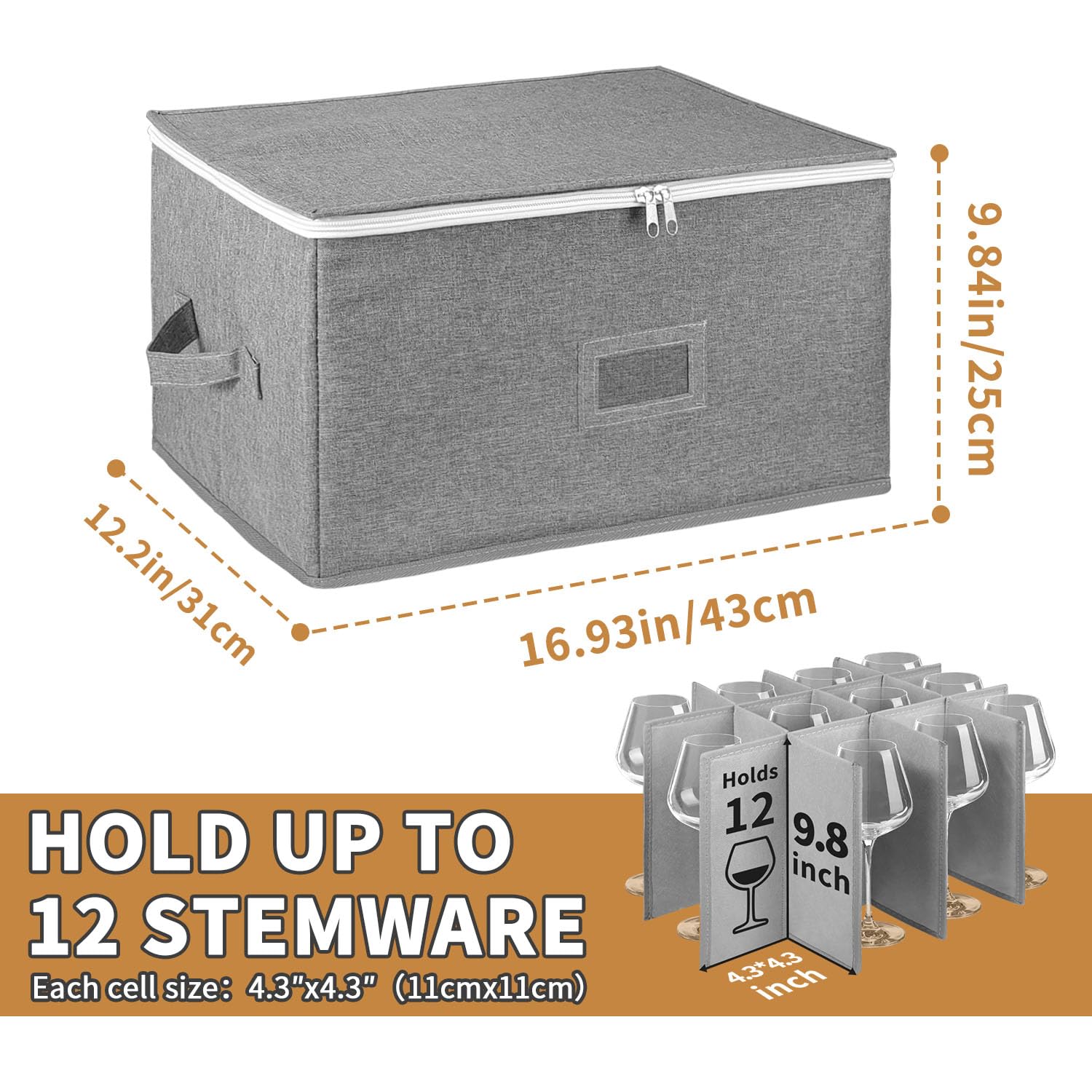 Wine Glass Storage Bag, 16.93'' x 12.2'' x 9.84'' Wine Glassware Storage Holds 12 Glassware Stemware Storage Cases Removable Glass Storage Box with Handles, Hard Shell and Stackable(Grey)