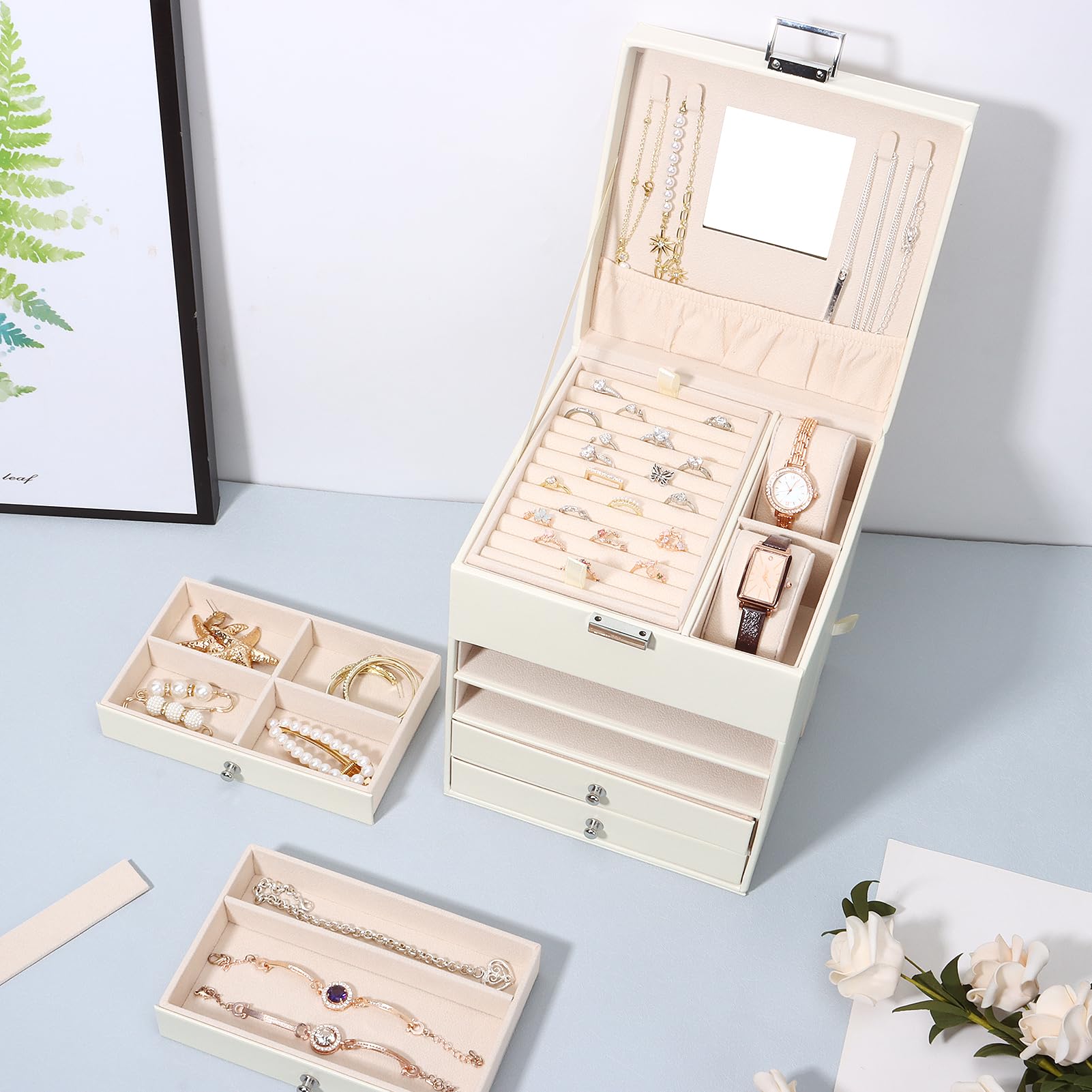 Caja Joyero con 5 Niveles de PU, Estuche para Joyería con 6 Cajones, Caja Organizador de Joyas con cajones laterales para collares, pendientes, anillos, relojes, Beige