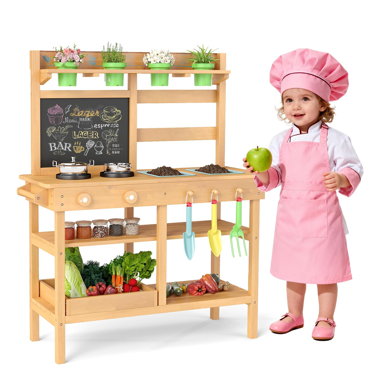 COSTWAY Matschküche Kinder Outdoor, Kinderküche mit Tafel, Wasserhahn, Spülen, Blumentöpfen & Gartenzubehör, Garten Spielküche Holz, Outdoorküche für Kinder ab 3 Jahren