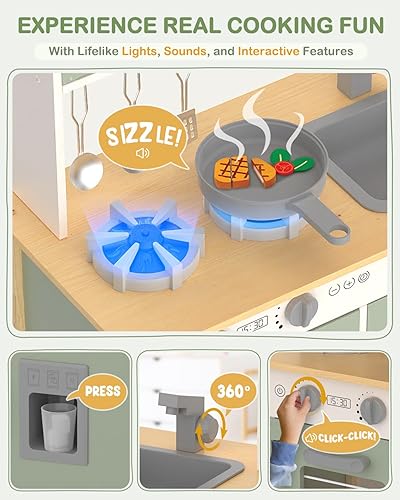 Miniatura 3 de Babytronic Cocina de juego para niños, juego de cocina de madera para niños a partir de 3 años con luces reales, sonidos, estufa, fregadero, horno y