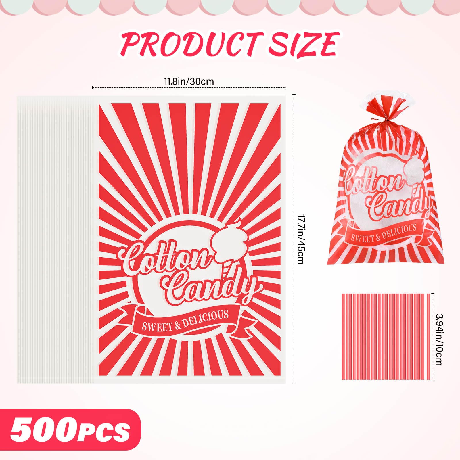 DEXLALA Lot de 500 sacs à bonbons en coton avec attaches, 30 x 45 cm, parfaits pour les bâtons de barbe à papa et les cônes de barbe à papa, accessoires en vrac pour carnavals et fêtes