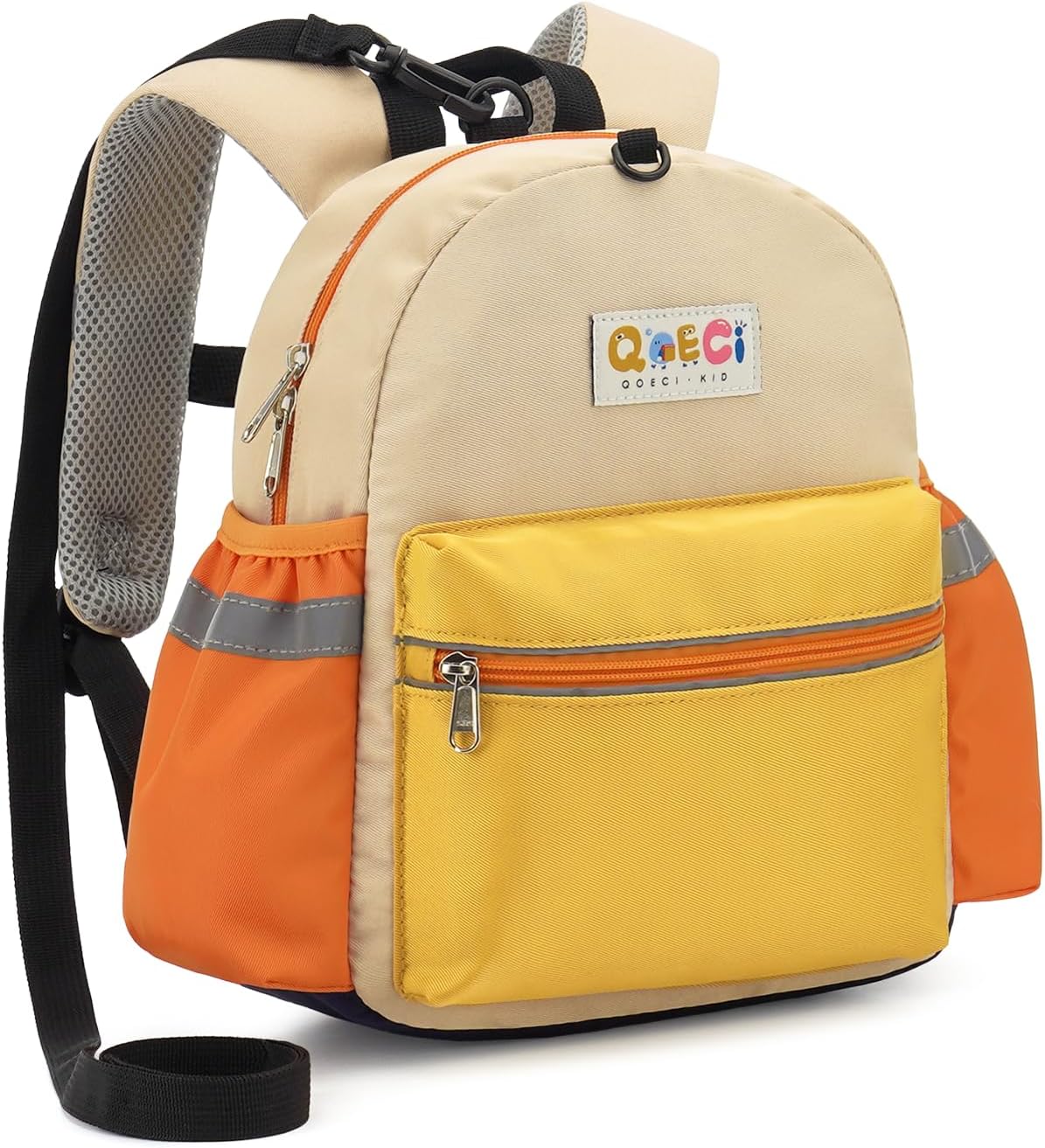 QOECI Toddler Backpack with Leash for Boys Girls Kids Kindergarten Nursery, 11” Baby Leash Backpack with Reflective, Toddler Bookbag with Anti-Lost Harness for Walking, Yellow