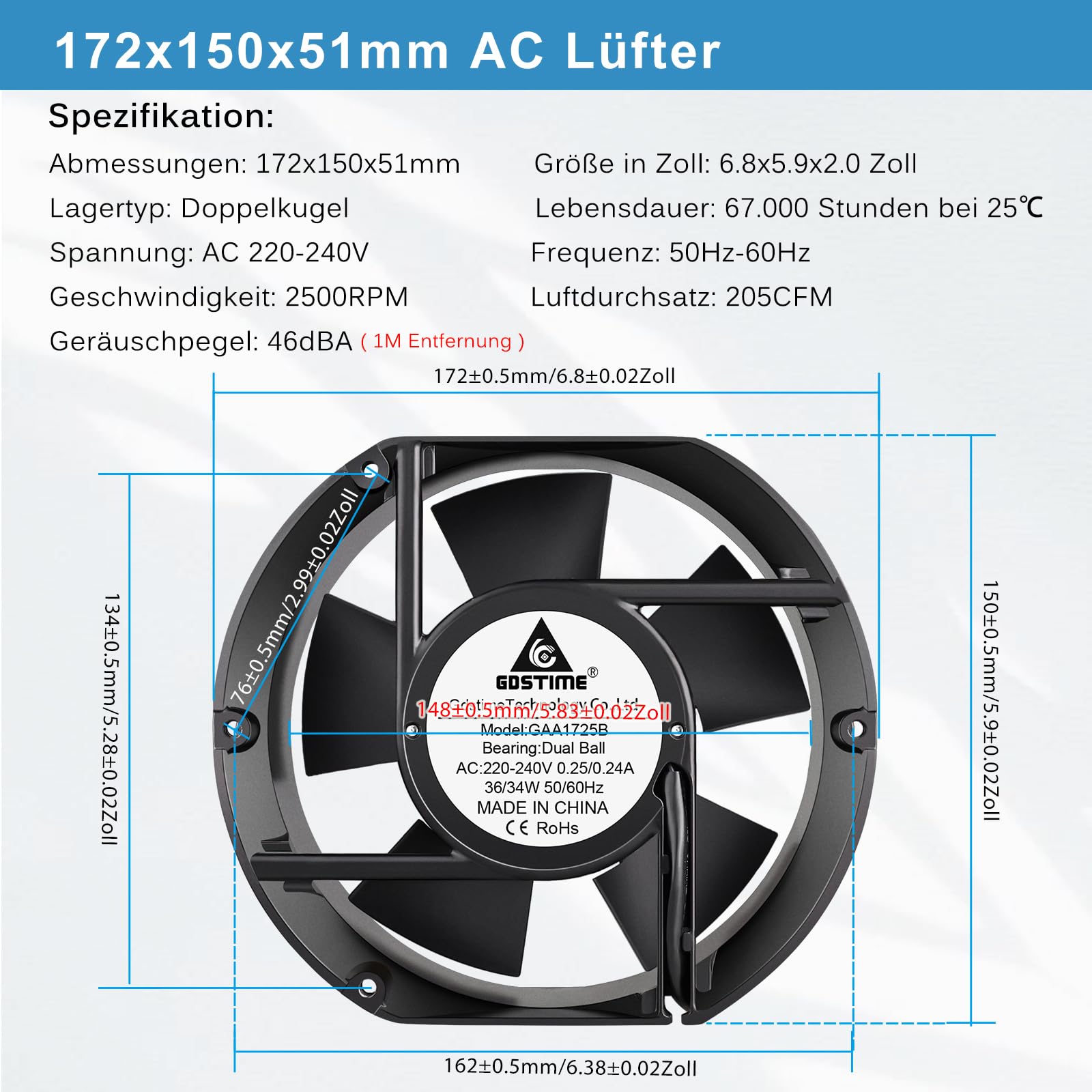 GDSTIME Ventilador de 230 V, 172 mm x 150 mm x 51 mm, 220 V, ventilador axial con doble rodamiento de bolas | Ventilador axial de 230 V, 170 mm, CA, 172 x 150 x 51, gran flujo de aire para ordenador portátil, refrigeración