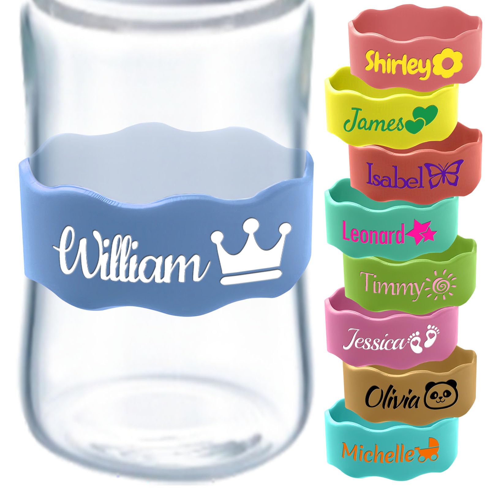 Custom Baby Bottle Labels Reusable Silicone Name Bands Personalized (up to 10Pcs) Waterproof Anti-Slip for Daycare Customized Newborn Girl Boy Kids