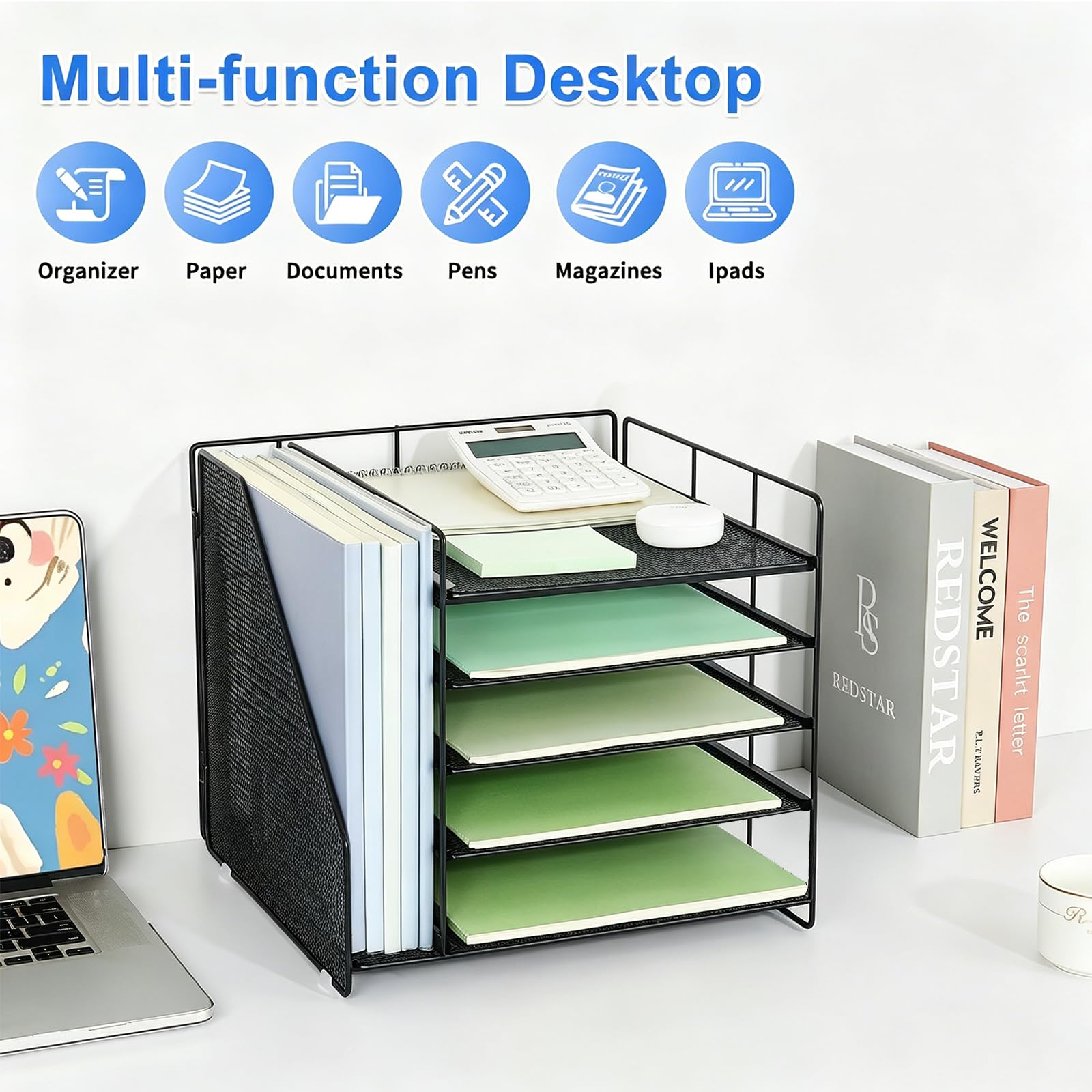 Schreibtisch Organizer und Zubehör, 5 stöckige Papierablage mit Aktenhalter, büro Organizer für Büro Bedarf Dokumentenablage (Schwarz)