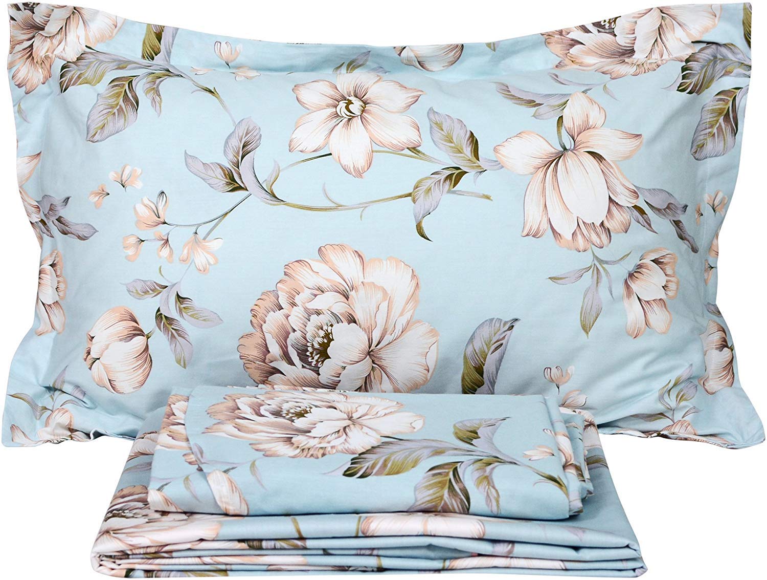 Shabby Floral Bed Sheet Set California King Cotton Farmhouse Bedding Set 4 Piece：1 Flat Sheet +1 Fitted Sheet +2 Pillow Shams