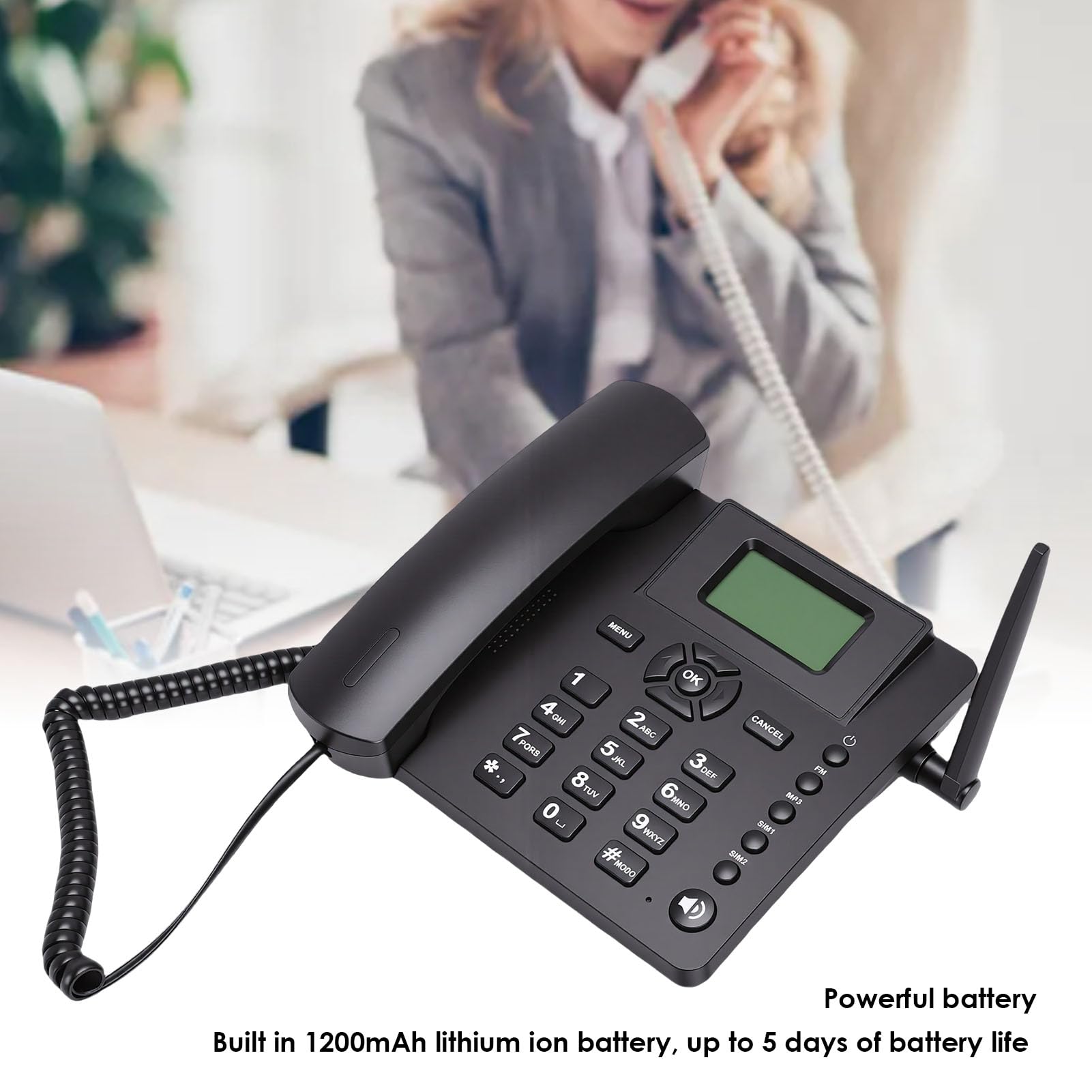 XUMIUZIY Teléfono de Escritorio Clásico Inalámbrico Cuatribanda gsm, Tarjeta SIM Dual, Soporte Red 2G, Teléfono Inalámbrico Fijo con Antena, Radio, Despertador, Manos Libres, para