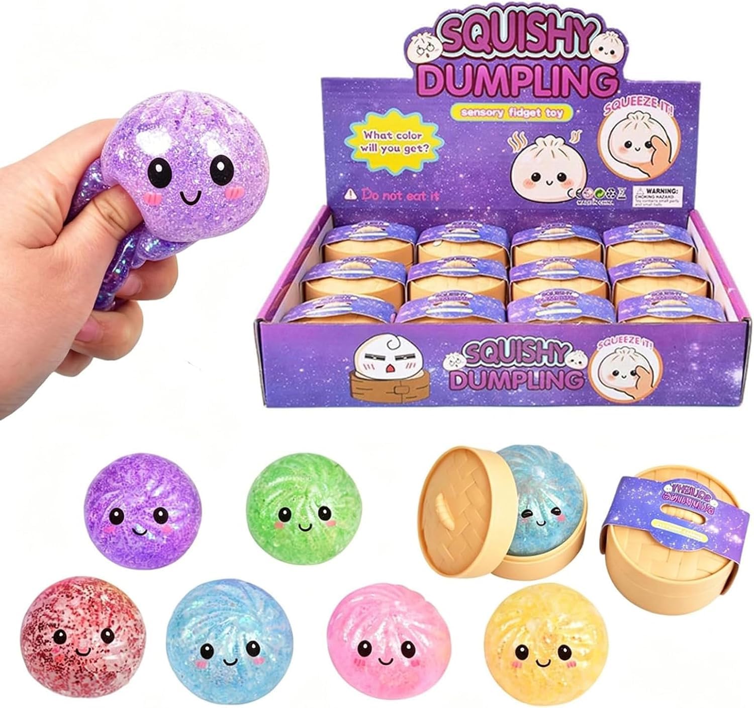 Giant Glitter Dumpling Squishys, Stress Relief Bao Bun Squishy Squeeze Toy with Steamer, Fun Soft Squeeze Glitter Dumplings Stress Ball Sensory Fidget Toys for Adults (12pcs small)