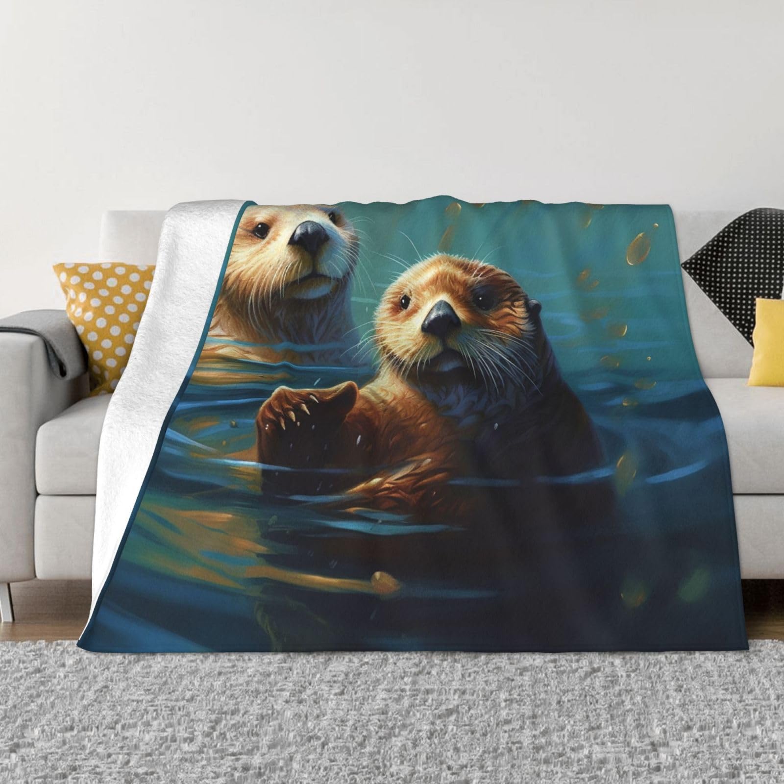 KLOPH Sea Otters Painting Throw Blanket 60"x50" Flannel Fluffy Warm Blanket for Couch, Reversible Plush Blankets for Bed, Comfy Fuzzy Blanket for Sofa, Plush Lightweight-Blankets for All Season