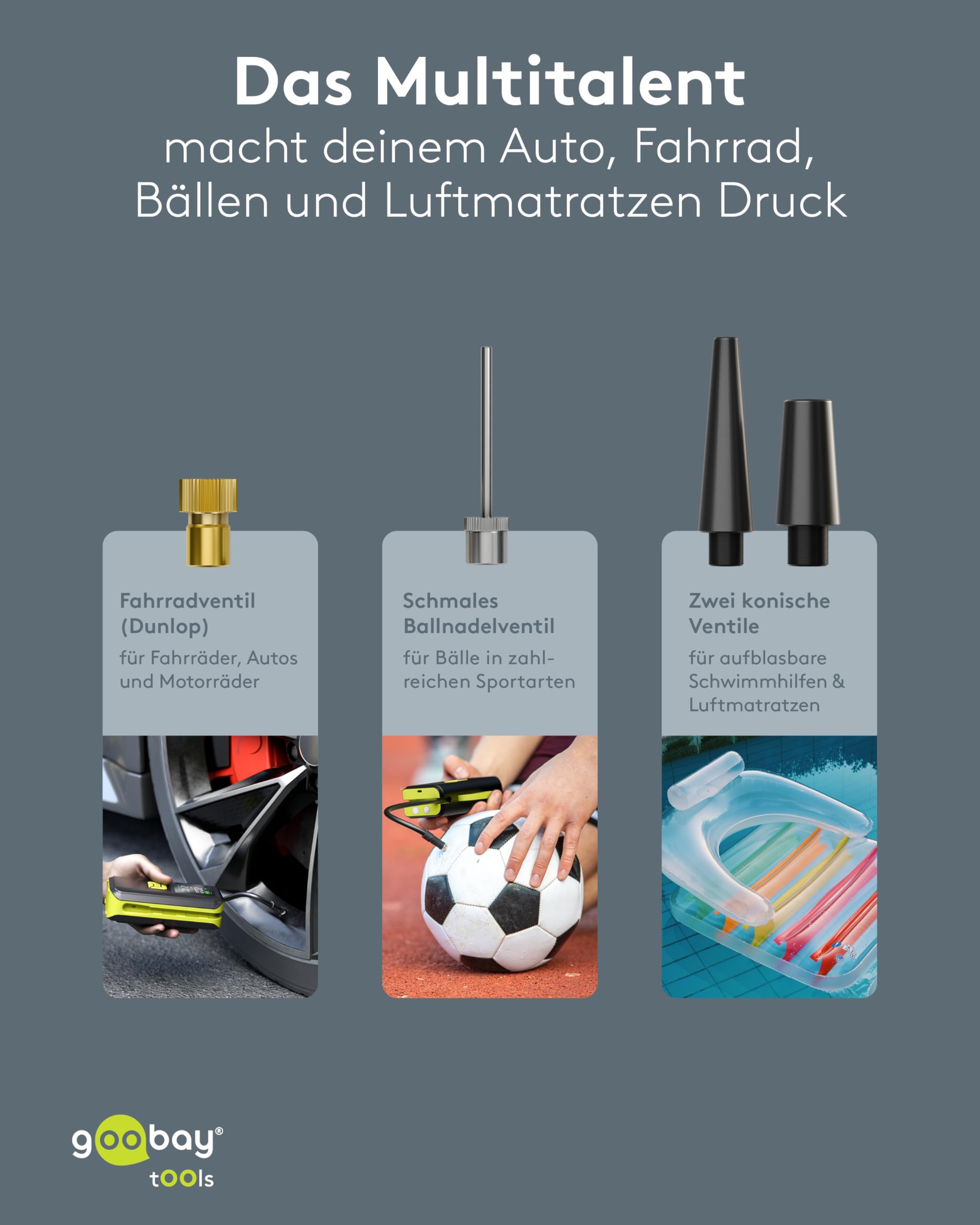 goobay -Kabellose, elektrische Luftpumpe 10 bar/150 PSI - 2Ah Akku, 5V, mit LED-Licht, 4 Ventiladapter, LED-Display, Kompressor für Auto-, Motorrad-, Fahrradreifen und Bälle, USB-C Anschluss - 77827