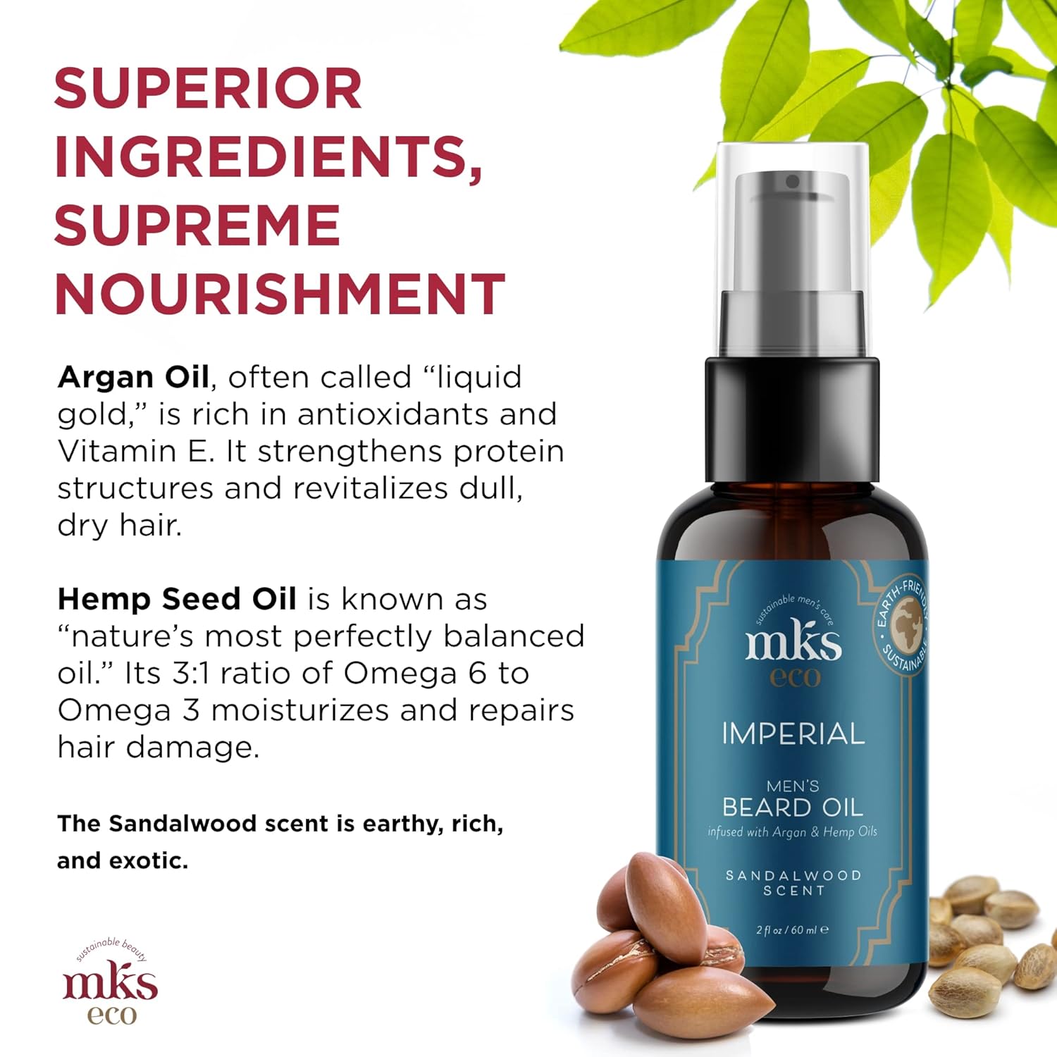 MKS eco for Men Imperial Beard Oil, Sandalwood Scent - 2 fl oz - Calms & Controls Facial Hair, Adds Shine, Moisturizes Skin - With Hemp Seed Oil & Argan Oil - Vegan, Cruelty Free - Image 4