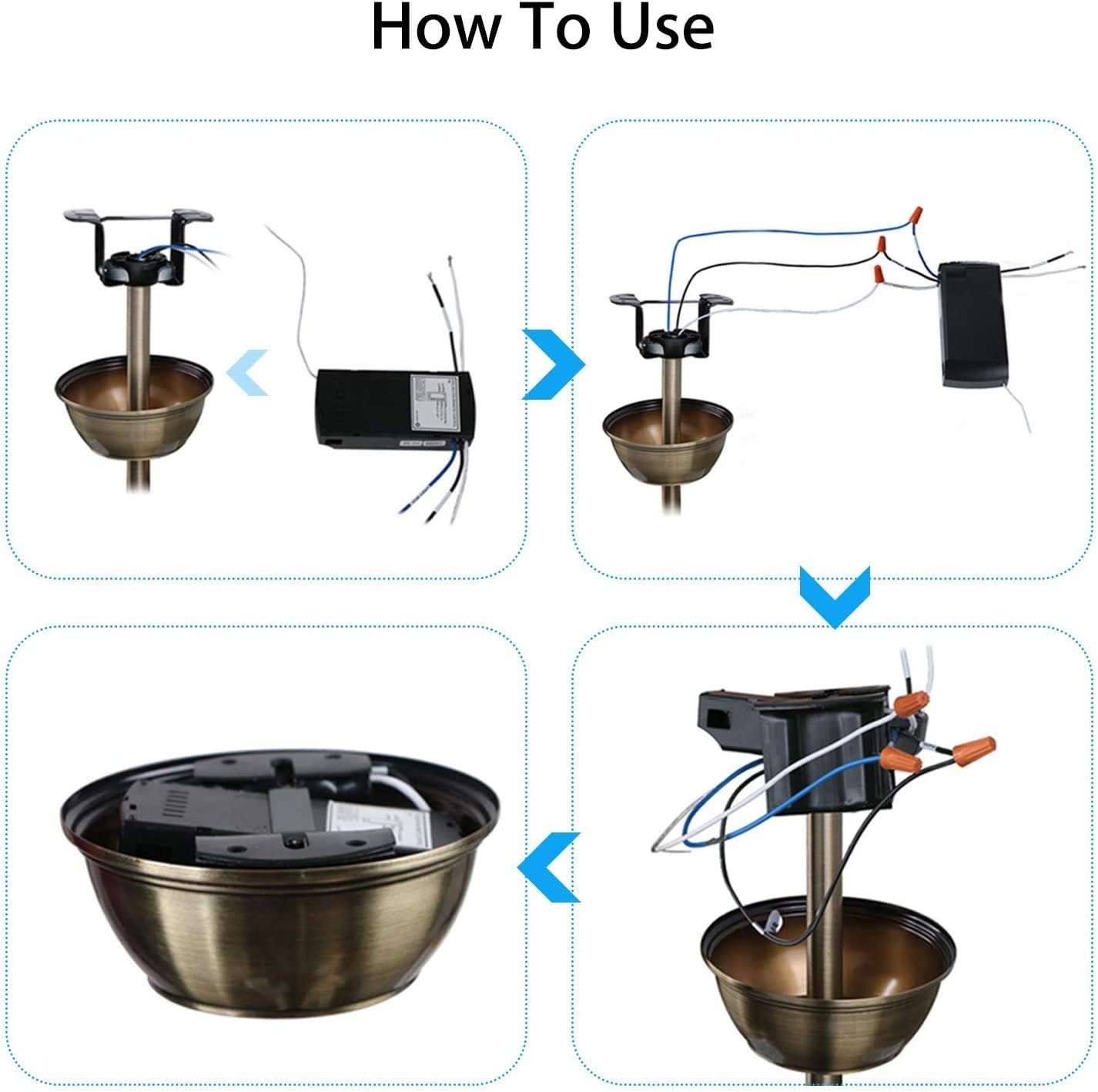 Four-panel image illustrating the process of installing the receiver into the fan's mounting bracket and connecting wires.