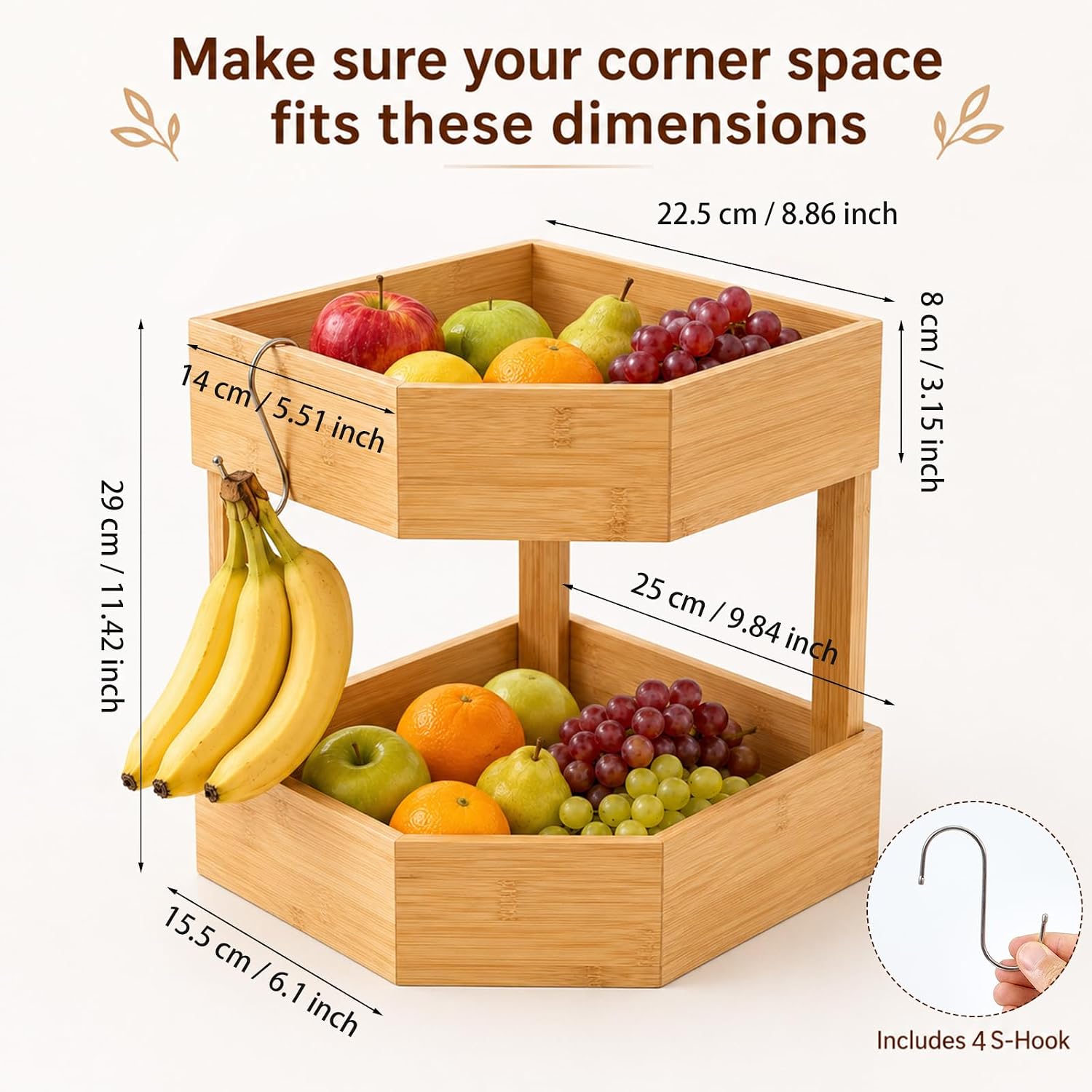 Bamboo Fruit Basket for Kitchen Counter, 2 Tier Wooden Corner Fruit Basket with Banana Hook Large Stand Bread Storage Holder Maximizing Countertop Space for Vegetables Snack Spice Jars Storage