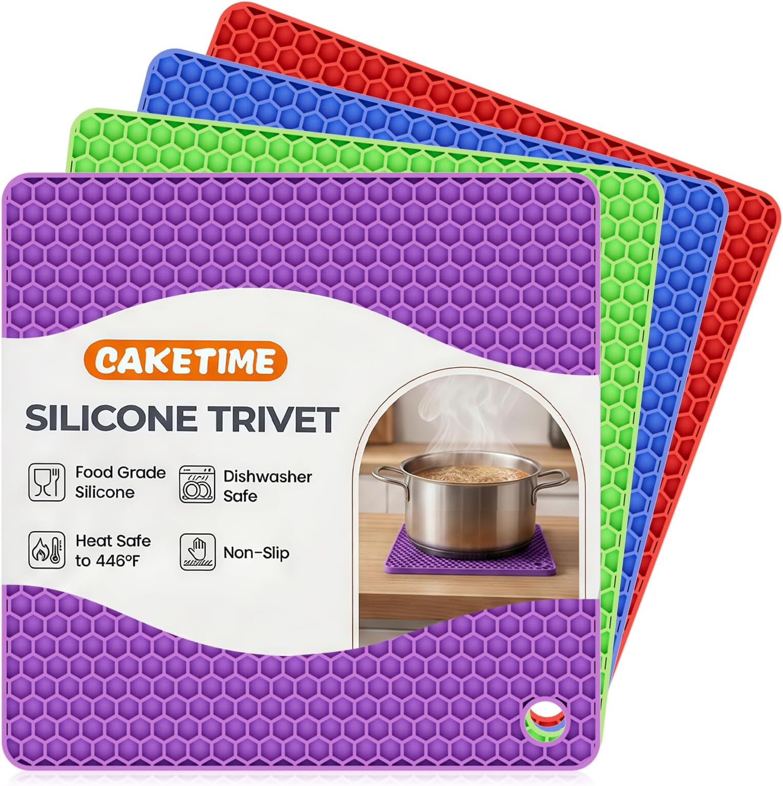 CAKETIME Silicone Trivet Mats - Hot Pads Spoon Rest, Multipurpose Trivets for Hot Dishes Heat Resistant Food Grade Silicone Set of 4