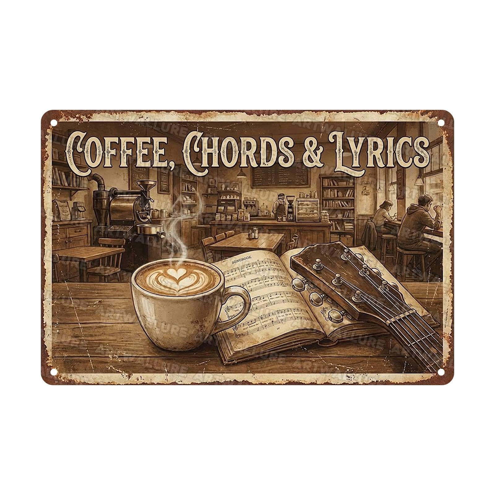 Vintage Tin Sign Coffee Chords & Lyrics Metal Sign for Cozy Cafe Kitchen Music Corner Art Plaque 8x12Inch