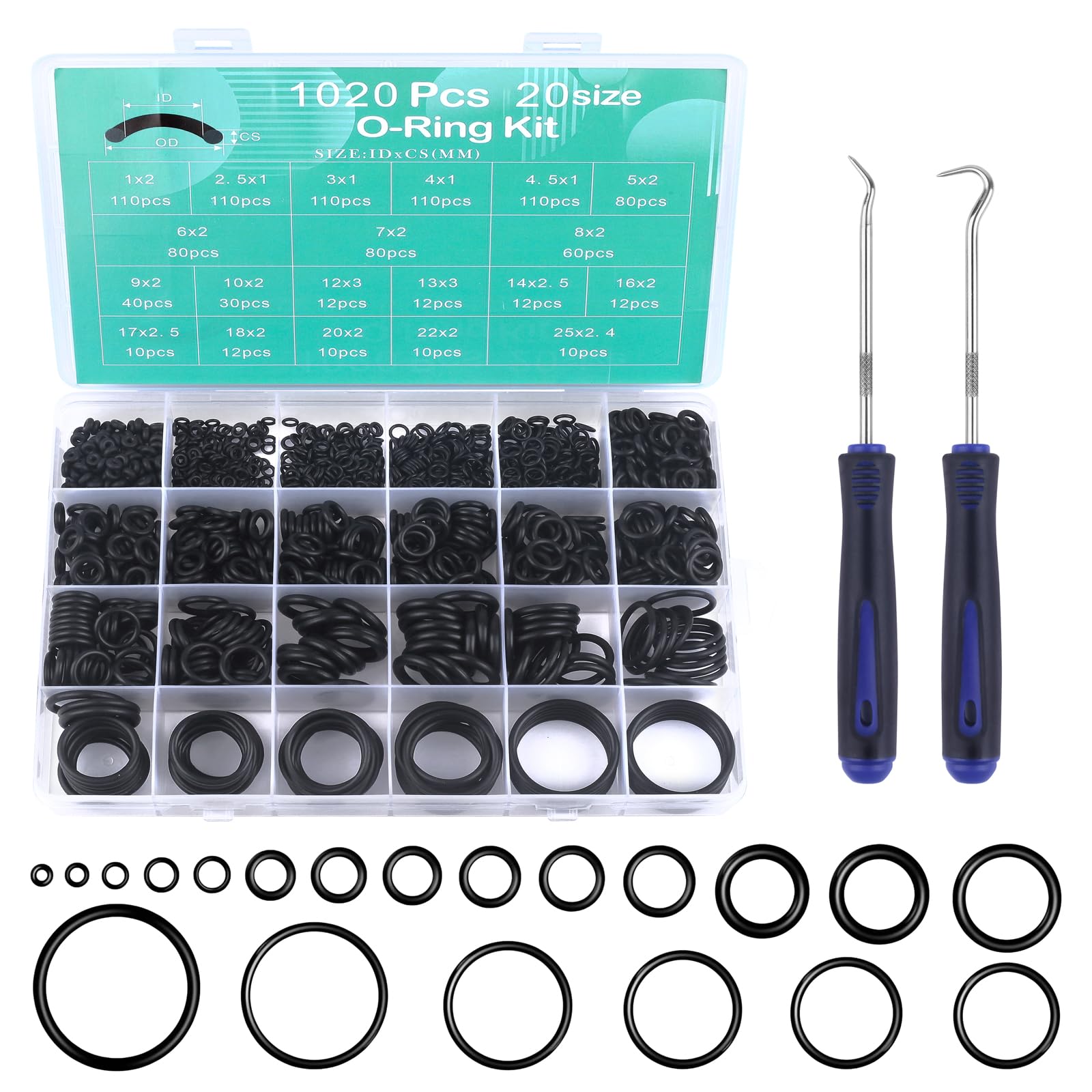 1020 Pcs O Rings Set, 20 Size O-Ring Assortment Kit with 2 Pick Hook