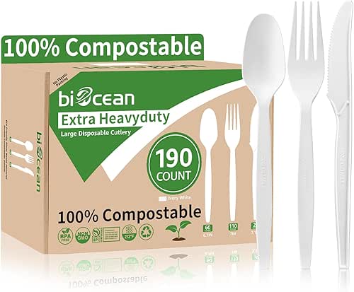Extra Heavyduty Compostable Cutlery Set - 190 Count Large Disposable