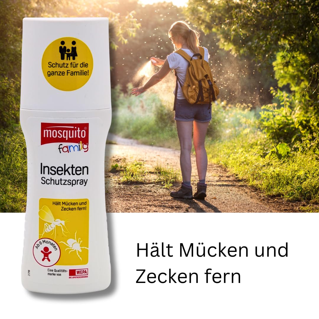Mosquito Family Insekten-Schutzspray 3x 100 ml I bis zu 6 Stunden Schutz vor Mücken, Bremsen, Zecken I Mückenspray I für Kinder ab 6 Monaten I Outdoor-Schutz I Spar-Set plus Pharma Perle give-away