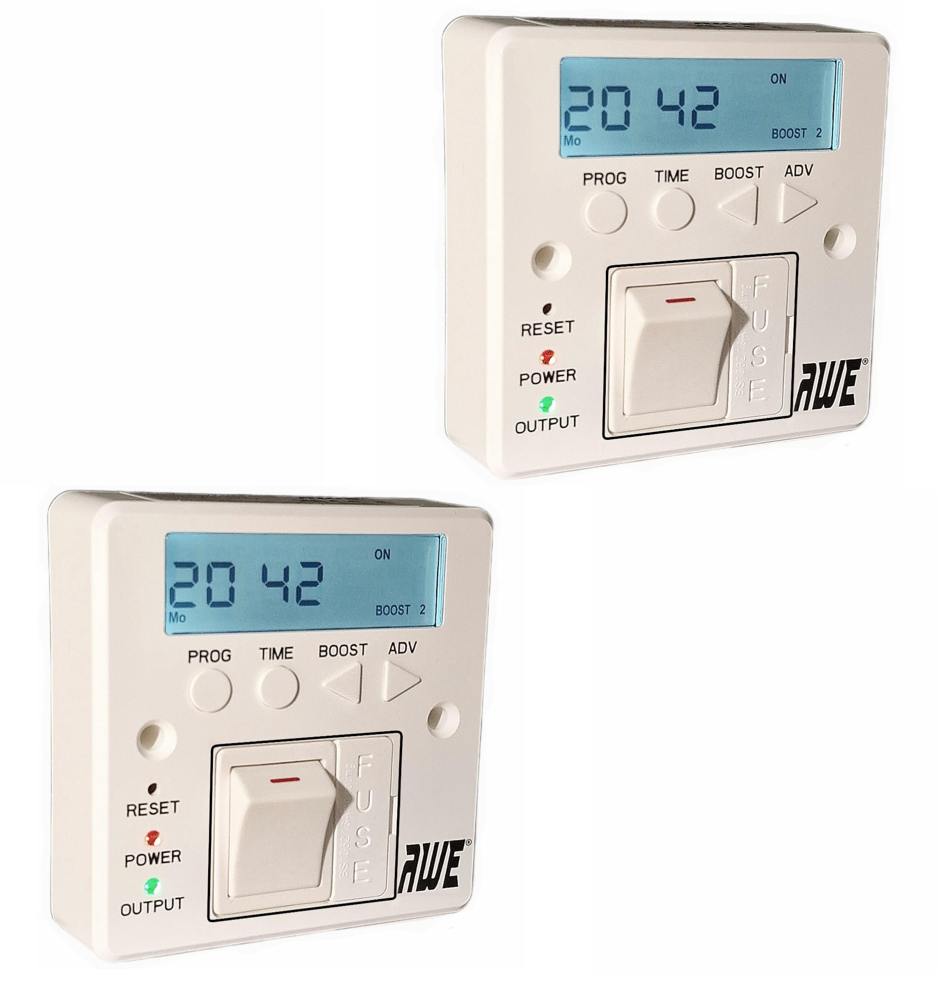 Awe 2 x 7-Day Digital Fused Timer Spur Electric Heating, Immersers, Aga-Range Cookers, Towel Rails & Lights | 5yr Warranty* | Programmable Timer/Lit Display* | Rechargeable Cell | 2000+hrs Batt Memory