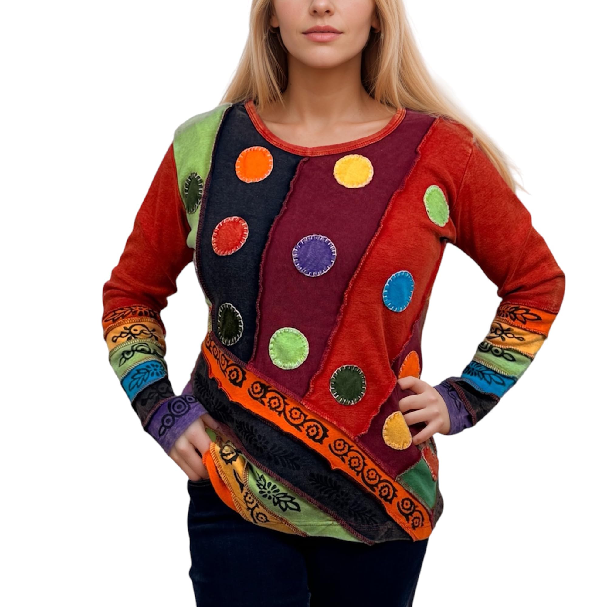 Agan Traders Women's Long Sleeve Blouses | Ladies Boho Tops and Blouses - Cotton Patched Tie Dye, Women Long Sleeve Tops