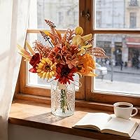 Vista 4 de Flores de Seda con Jarrón, Arreglo de Flores Artificiales con Jarrón de Vidrio, Rosa y Margarita Sintéticas para Decoración de Centro de Mesa