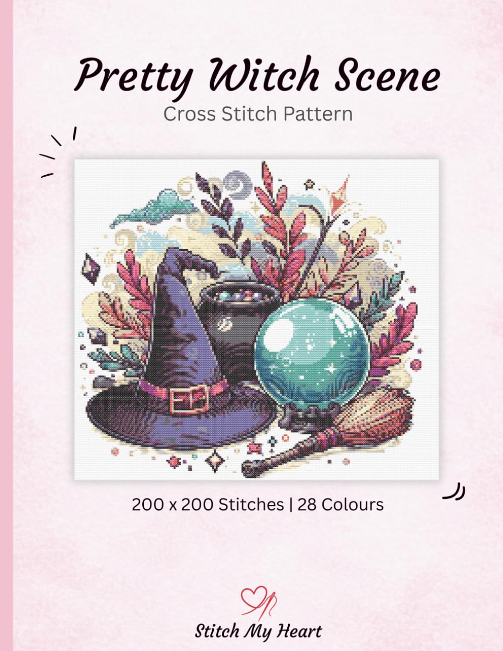 Pretty Witch Scene Cross Stitch Pattern Book - Stitch My Heart | Colour, Monochrome and Pattern Keeper