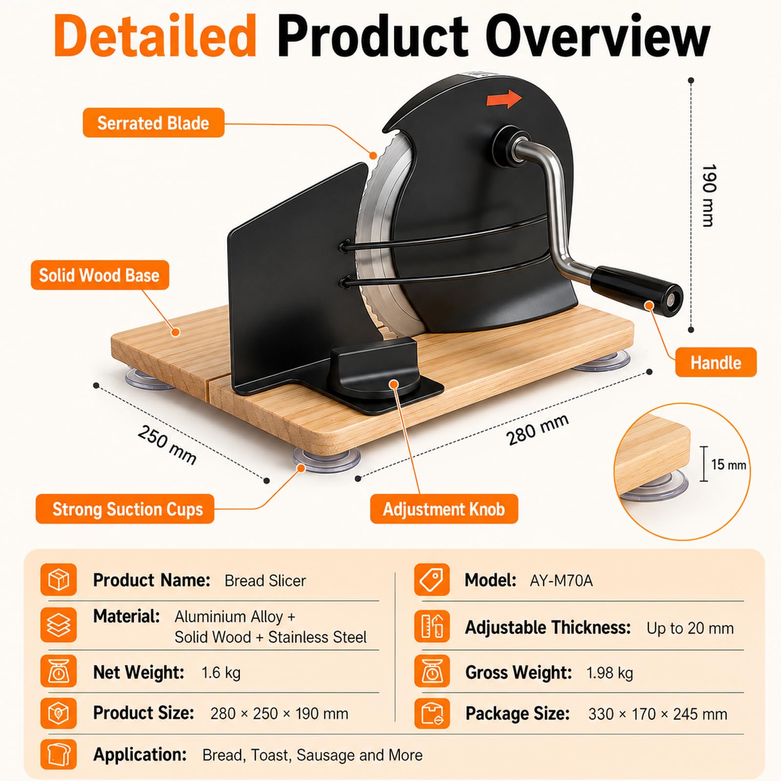 Cortadora Manual de Pan, Rebanadora con Manivela Ajustable 1–20 mm | Cuchilla Dentada, Base de Madera Plegable y Ventosas para Pan, Tostadas, Bollería, Queso y Salchichas(black)