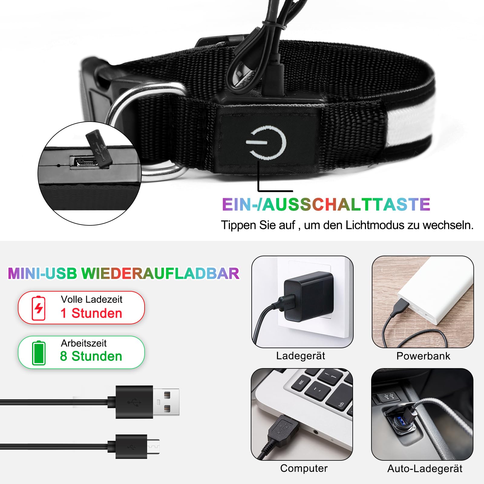 Nepfaivy Collare Luminoso per Cani Ricaricabile - Collare per Cani a Led con Lunghezza Regolabile, 7 Colori Cambiabili per la Sicurezza Notturna