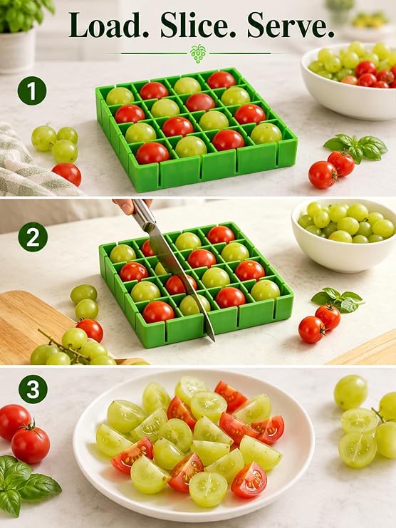 Grapes Cherry Tomatoes Cutter Slicer Half or Quarter Cutting 16Pcs at a Time, Food Grade Material, Dishwasher Safe, Fruit Container Holder Cutter for Salad Kids Baby Toddlers' Snacks 2023 New