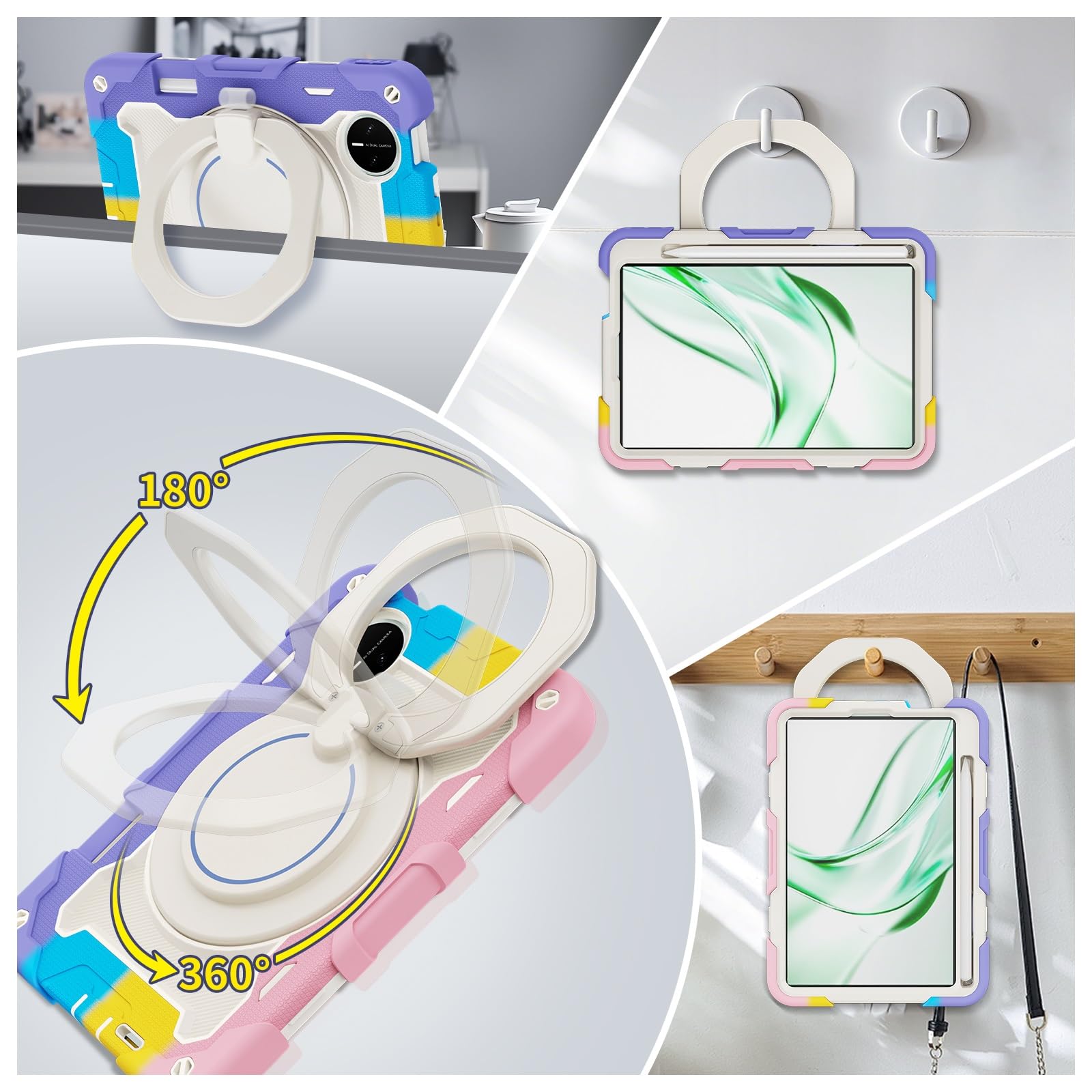 Etui dziecięce do tabletu Huawei MatePad Mini 8, cala, wytrzymałe, odporne na wstrząsy etui z TPU podpórką Wytrzymałe ochronne paskiem ramię(Pembe)