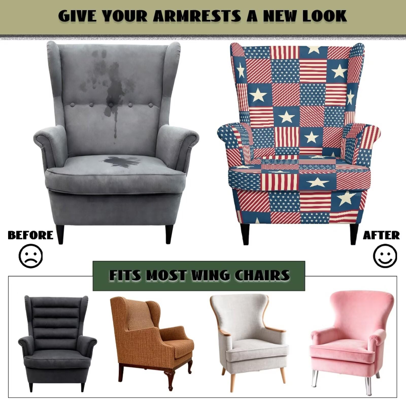 Biyejit Funda para sillón con diseño de bandera de Estados Unidos, 2 piezas