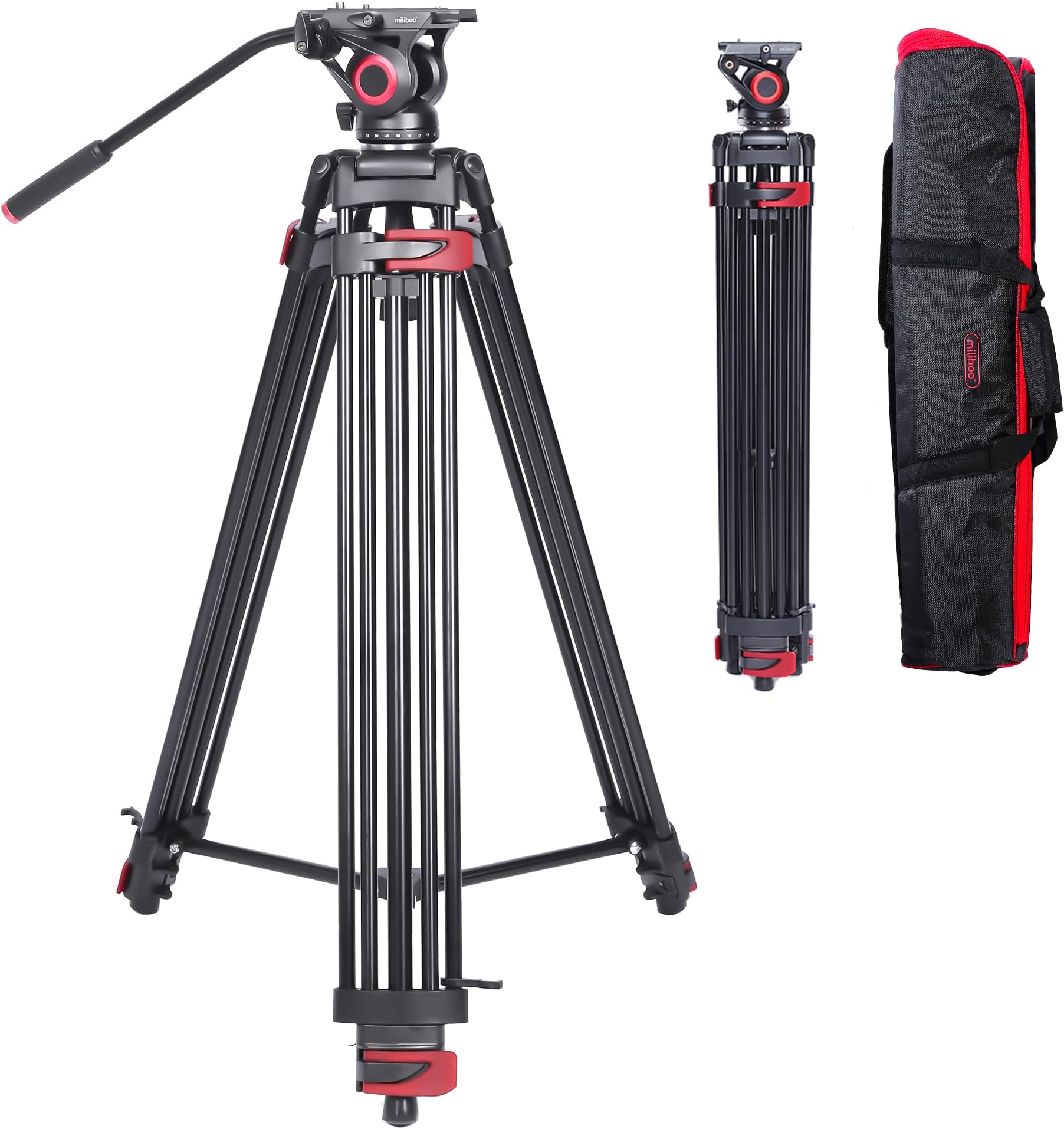 Tripod for Video Camera Heavy Duty Tripod with Fluid Head Max Working Height 76.4'', High-Angle Photography Tripod with Center Spreader, Extended QR Board, Load 22lbs, Aluminum, MTT602II-AL