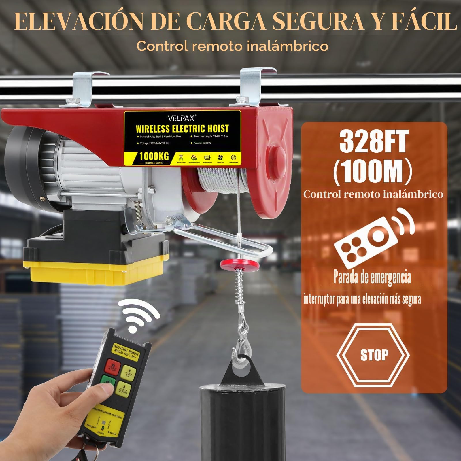 Polipasto Eléctrico, Capacidad de Elevación de 1000 kg, Torno de Cable de 12 m, Elevador Electrico 1600 W, Velocidad de Elevación de 10 m/min, con Mando a Distancia