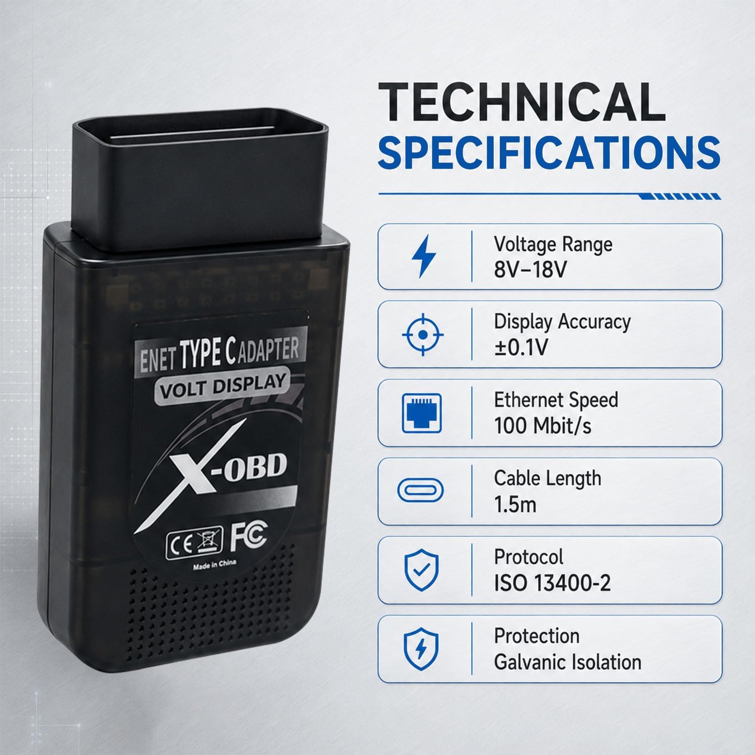 ENET Adapter for BMW F-G-I-Series OBD2 to USB-C Connector with Volt Display