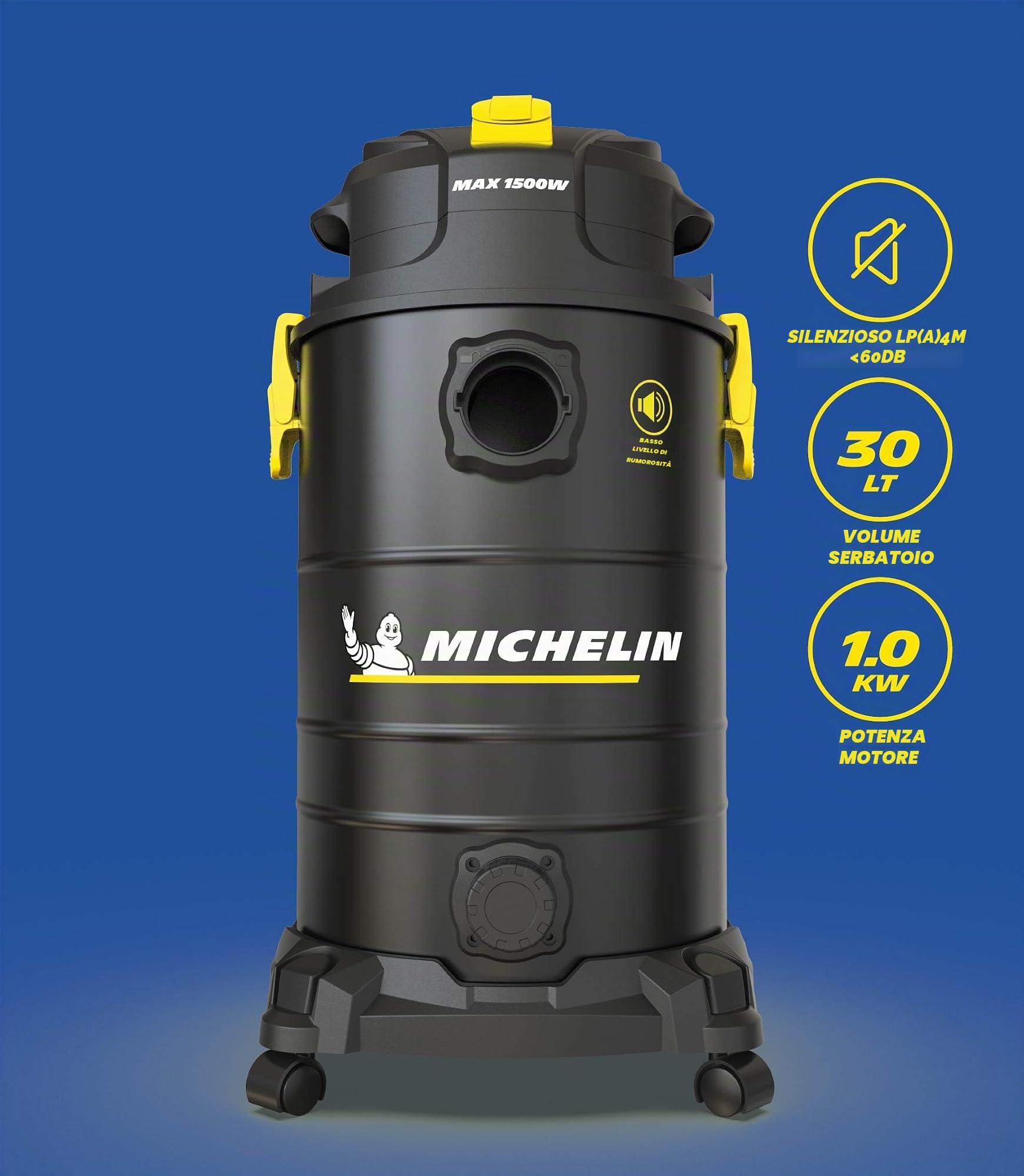 MICHELIN, Aspiratore Solidi e Liquidi, X4 30L S, Gamma SILENZIOSA, Serbatoio in Acciaio da 30 L, con Presa Elettroutensili, 1000 W, Completo di Accessori, Funzione di Soffiaggio, 19 kPa