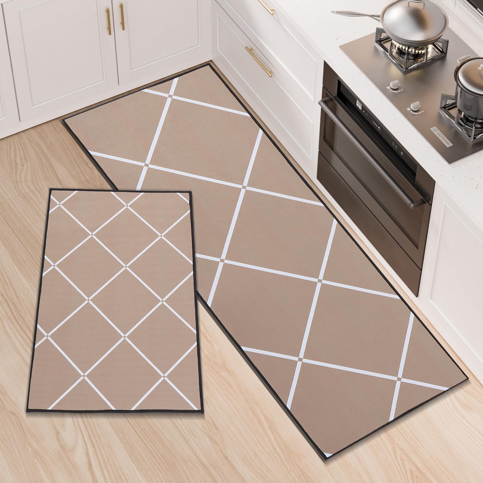 LY4U Küchenteppich Set von 2, Waschbare Küche Bodenmatten, rutschfest Läufer, Saugfähige Bodenmatte für Eingang und Home Decoration Büro, (50x80cm+50x150cm, Khaki)