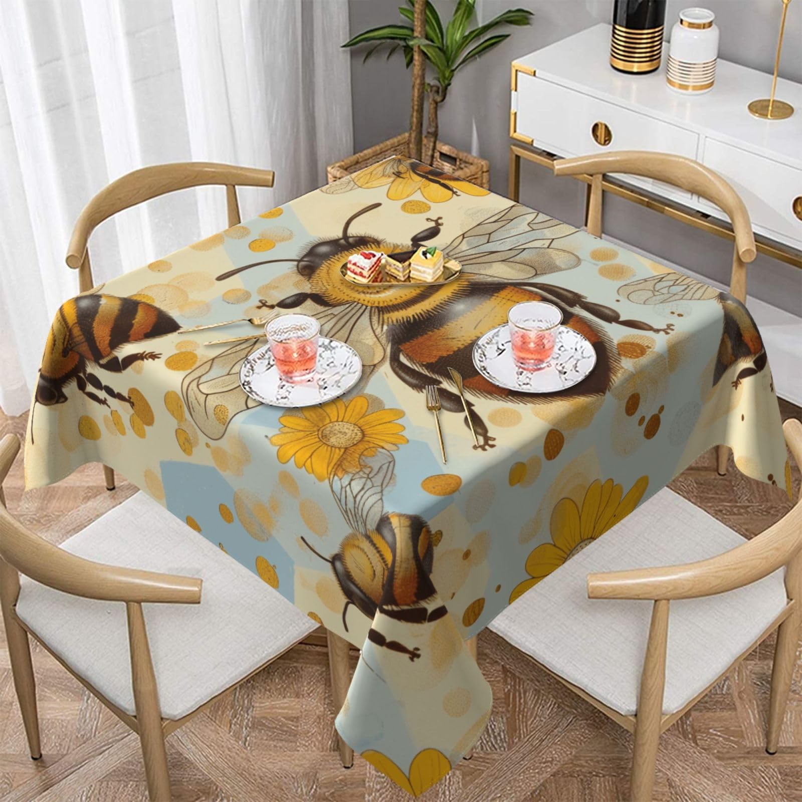 WPKJU Honey Bee Printed Square Tablecloth 60x60 inch Water Resistant Table Cover Washable Rectangle Table Cloth for Dining Tables