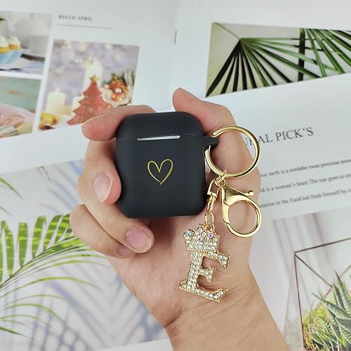 Miniatura 6 de Funda compatible con AirPods, funda de silicona suave con patrón de corazón dorado para AirPods de 2 y 1 generación, con llavero de letra A-Z con