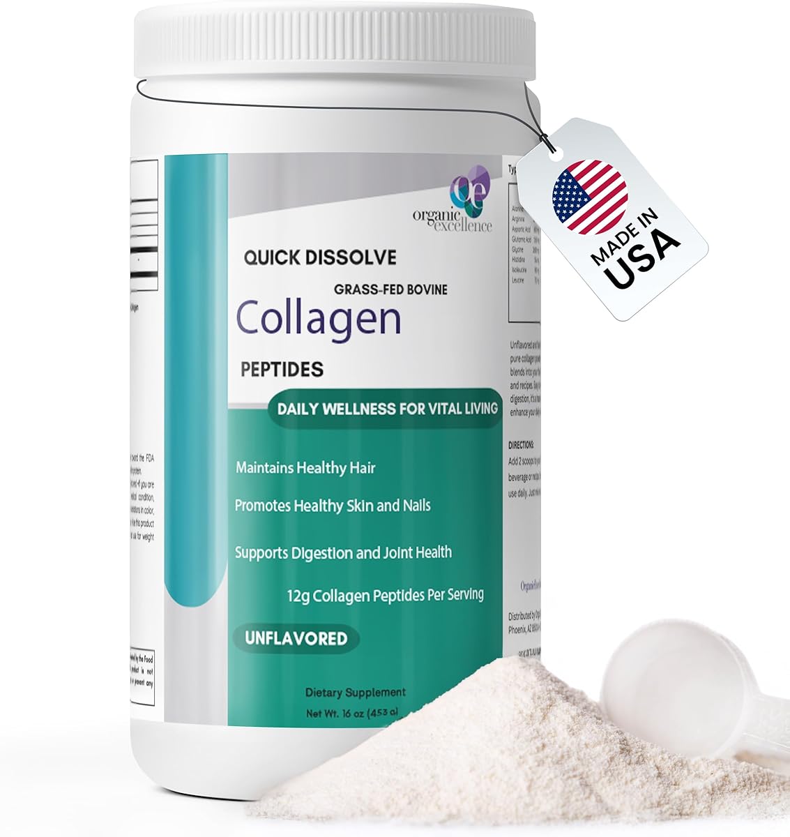 Organic Excellence Collagen Peptides, Grass-Fed Bovine Unflavored Collagen Powder Type I & III Hydrolyzed Collagen, Support Skin, Joints, Gut, Hair, Nails, Non-GMO, 12g Protein/Serving, 16 oz (453g)