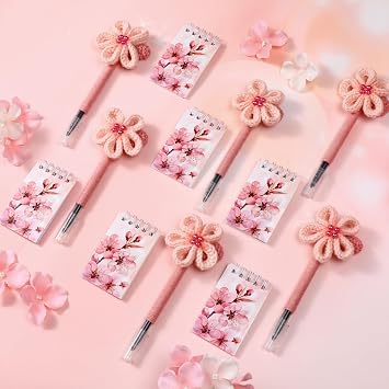 12 Pcs Cherry Blossom Japanese Stationery Set Spiral Notebook with Crochet Flower Cherry Blossom Pens Spring Mini Stationery Kit Spring Party Favor Gifts for Women Teacher