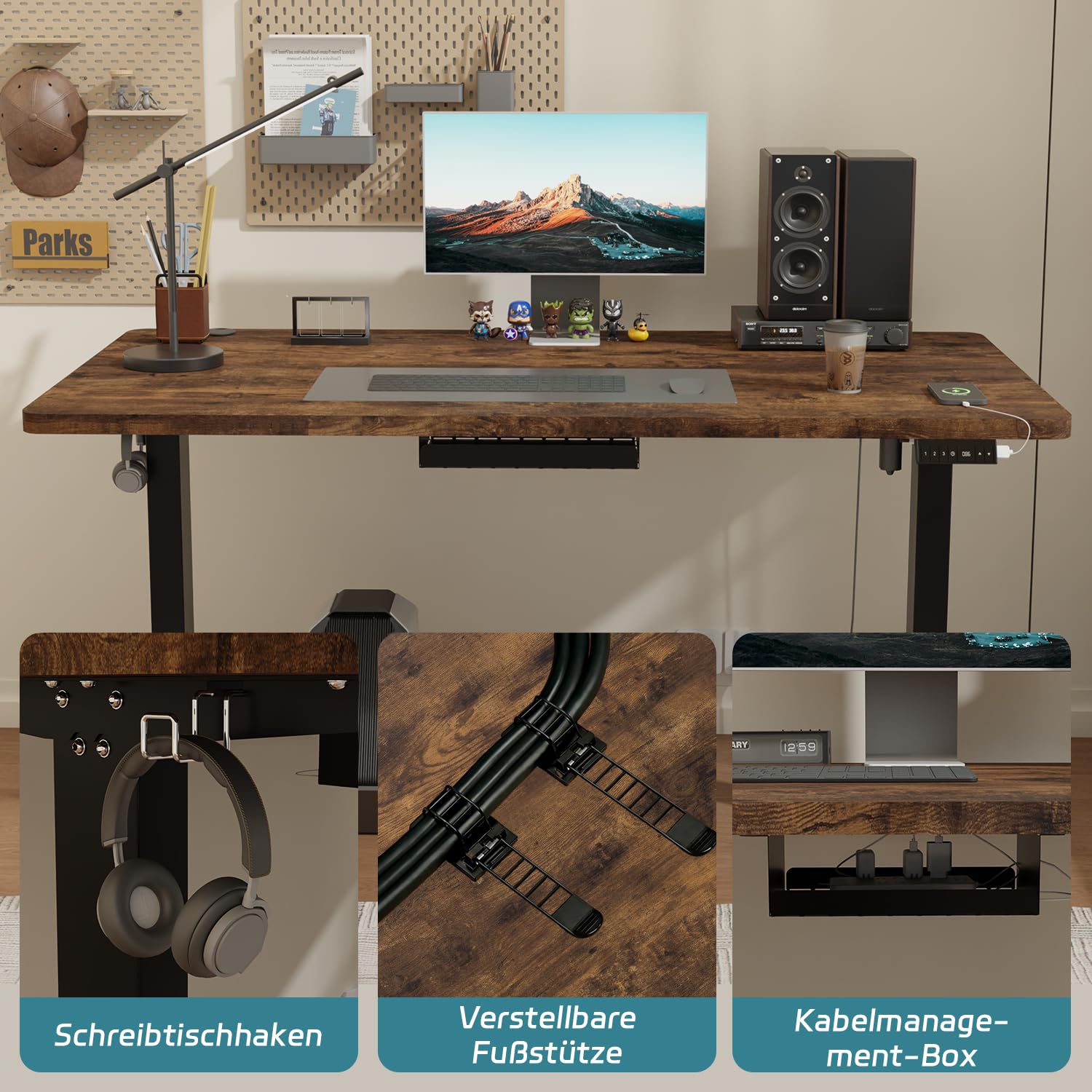Airfish Höhenverstellbarer Schreibtisch 140x70 cm, Elektrisch Schreibtisch mit Kabelwanne, Computertisch mit USB-Buchse, Bürotisch, Stehpult mit Erinnerung an sitzende Tätigkeiten, Vintage-Braun