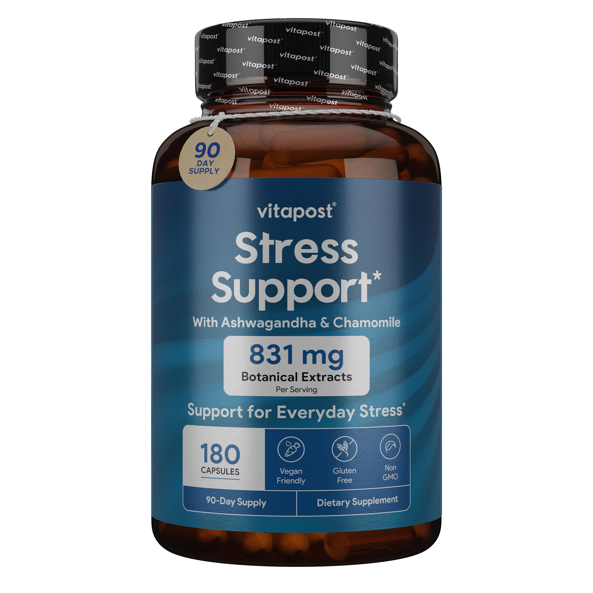 Stress Support with Ashwagandha, Chamomile, Valerian, Passionflower and GABA, Providing Natural Support for a Healthy Stress Response. 180 Capsules