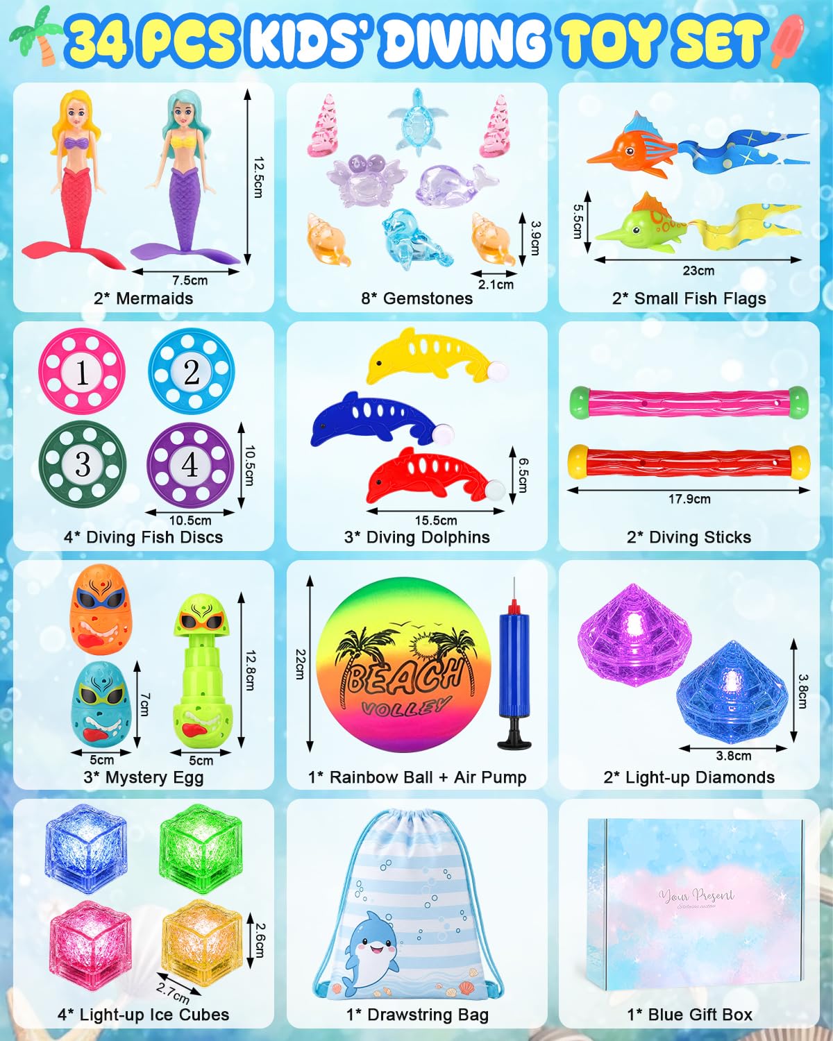 34 Pièces Jouets de Plongée, Jouet de Natation pour Piscine avec Cubes Lumineux à LED et Diamants de Cristal, Jeux Piscine Enfant avec Ballons de Plage et Sirènes Tournantes