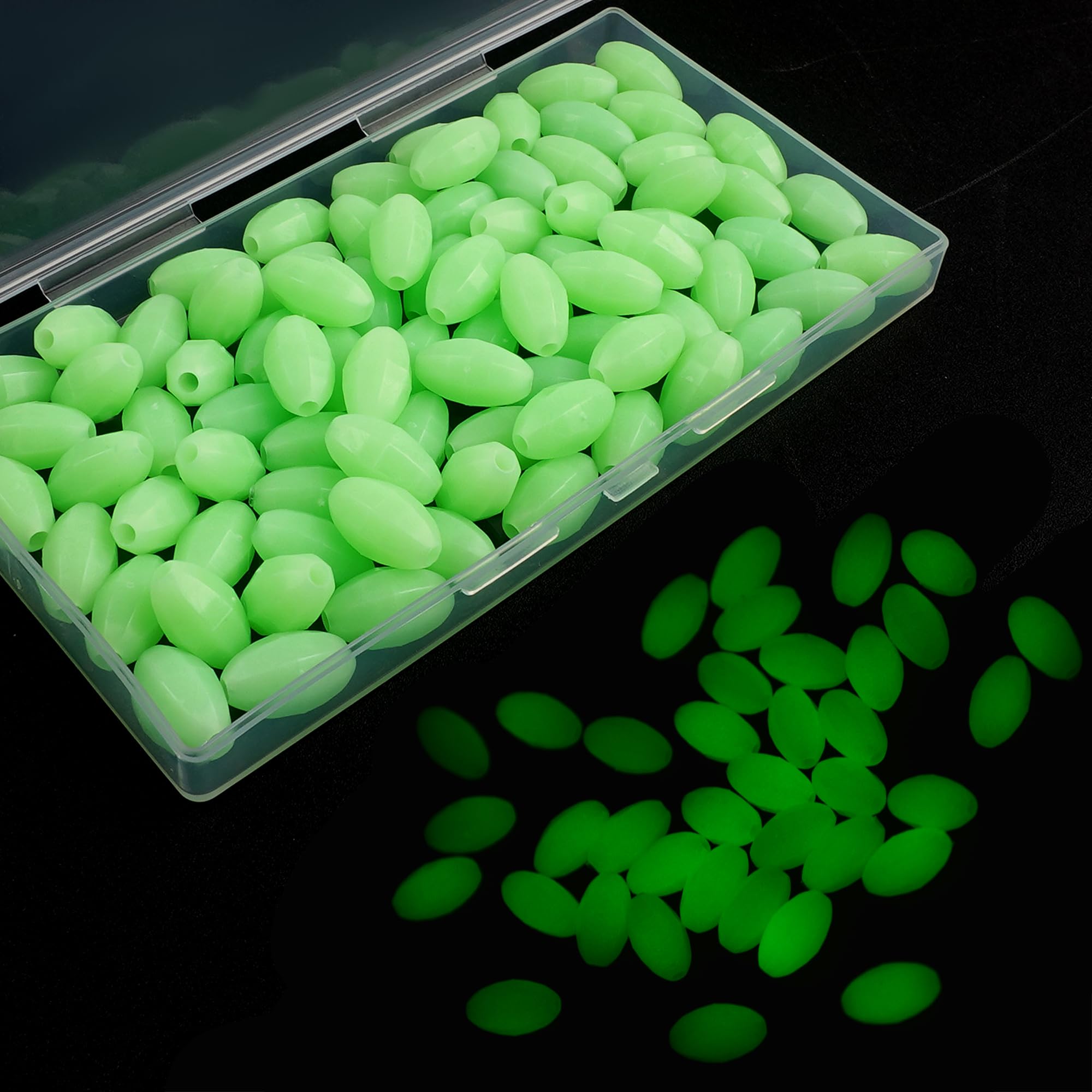 SILANON Glow Fishing Beads, 100pcs Hard Plastic Luminous Fishing Beads Green White Glow in The Dark Fish Line Beads Freshwater Saltwater Oval Bait Eggs for Fishing Rigs