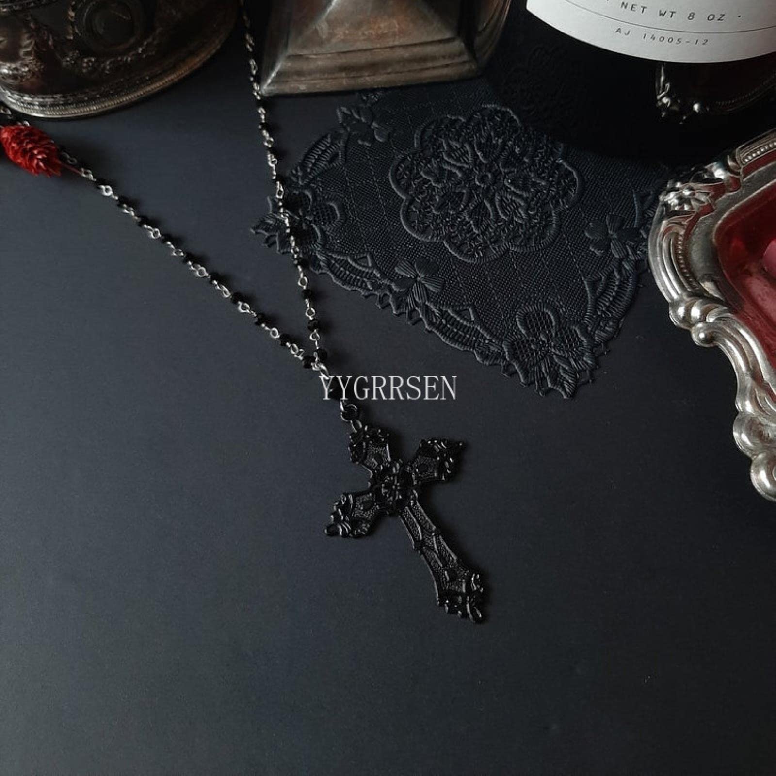 アクセサリー Vintage Black Rosary Necklace Black Hearted Love Upcycled Antique Gothic Rosary Necklace