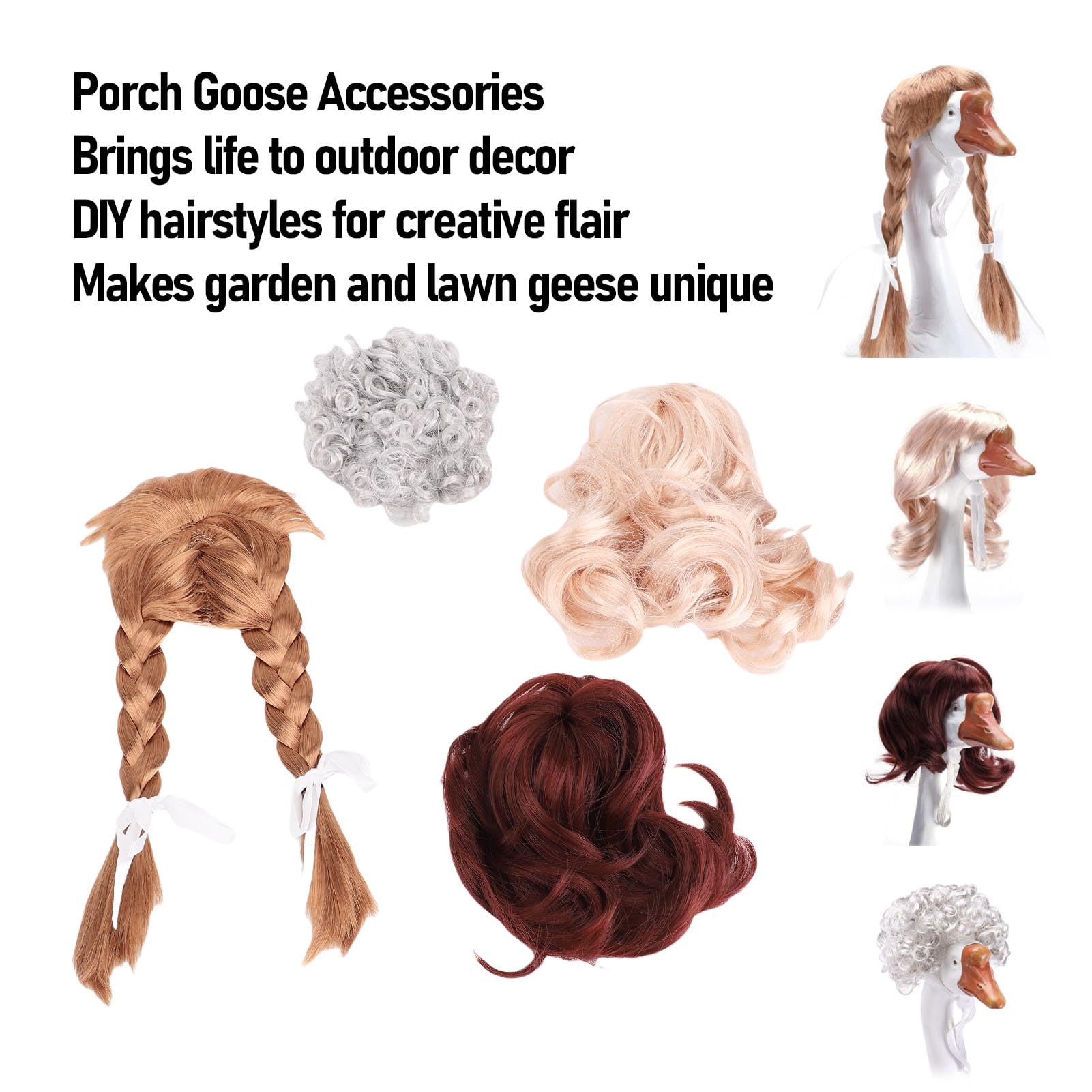 Pongnas 4 Pcs Porch Goose Wigs with Hair Clips Porch Goose Outfit DIY Wig Funny Cute Lawn Goose Statue Braid Wig for Garden Patio Yard And Various Holiday Parties Silver Hair Included - Image 3