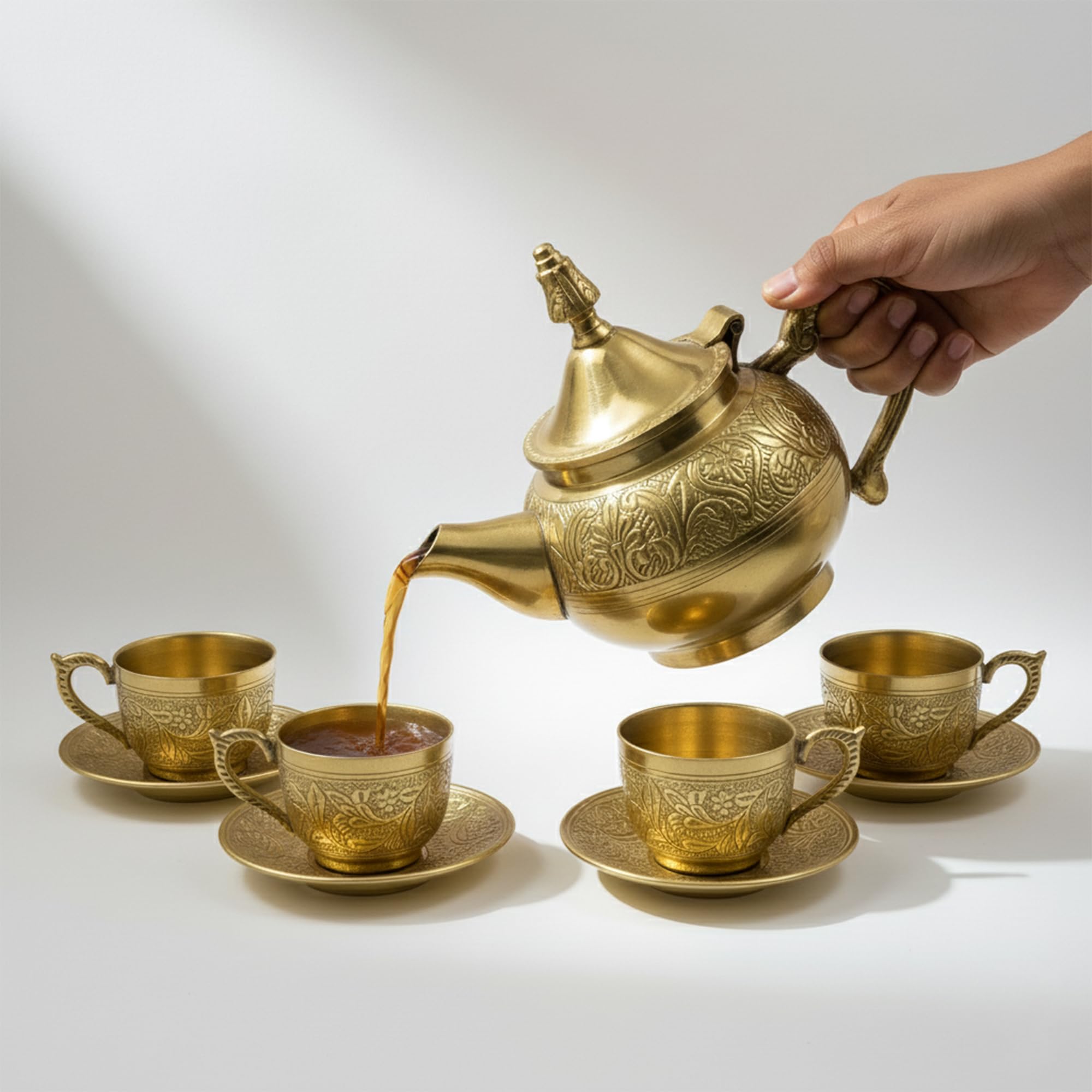 Moongil Traditional Handcrafted Brass Tea Kettle|Tea Pot|Engraved Design|Coffee Pots |Serving Tea and Coffee Beverages| Antique Look Kettle - Tea Pot with Cup and Saucer Set of (4) 2