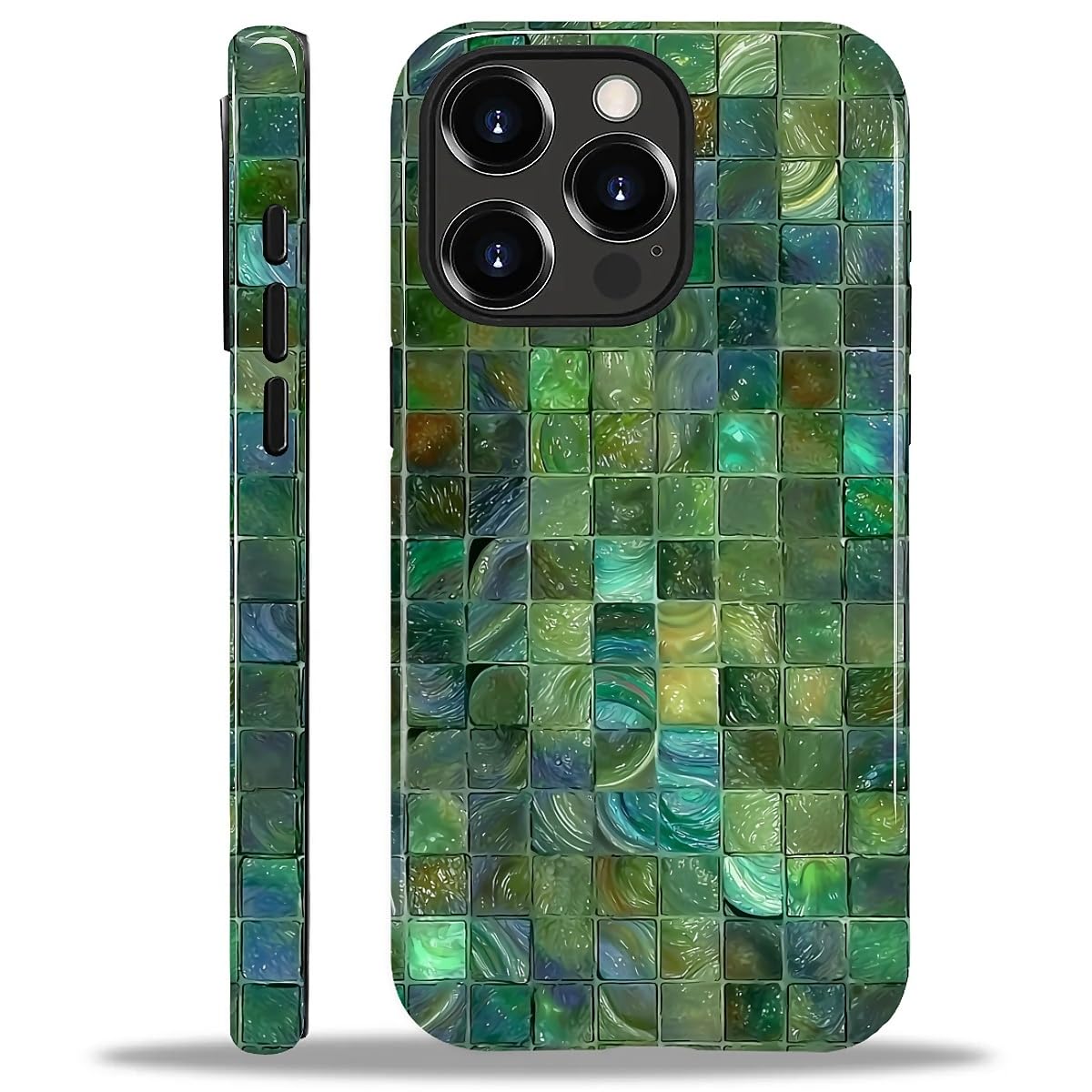 Photo 1 of Kapadiy Case for iPhone 15 Pro Max Case,Green Toned Glass Mosaic Patten Design Hybrid Dual Protection Silicone + Hard PC Shockproof Full Body Cover Slim Anti-Scratch Protective Case for Men Women